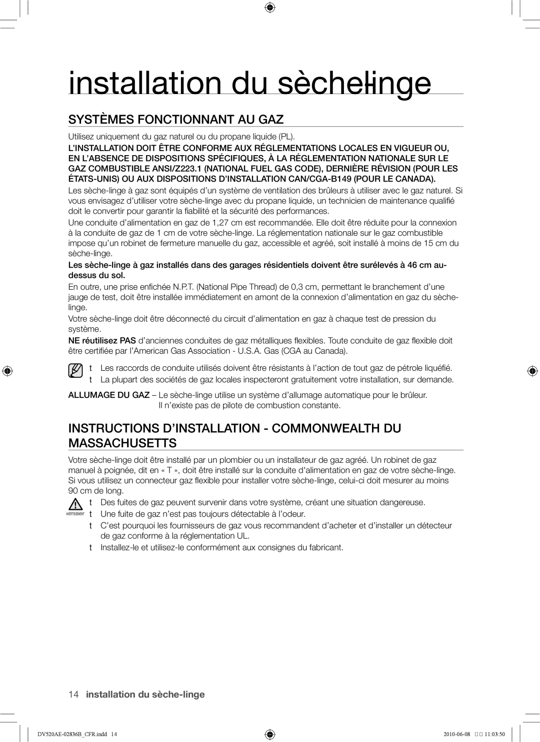 Samsung DC68-02836B user manual Systèmes fonctionnant au gaz, Instructions d’installation Commonwealth du Massachusetts 