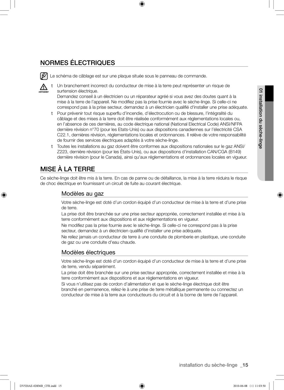 Samsung DC68-02836B user manual Normes électriques, Mise à la terre, Modèles au gaz, Modèles électriques 