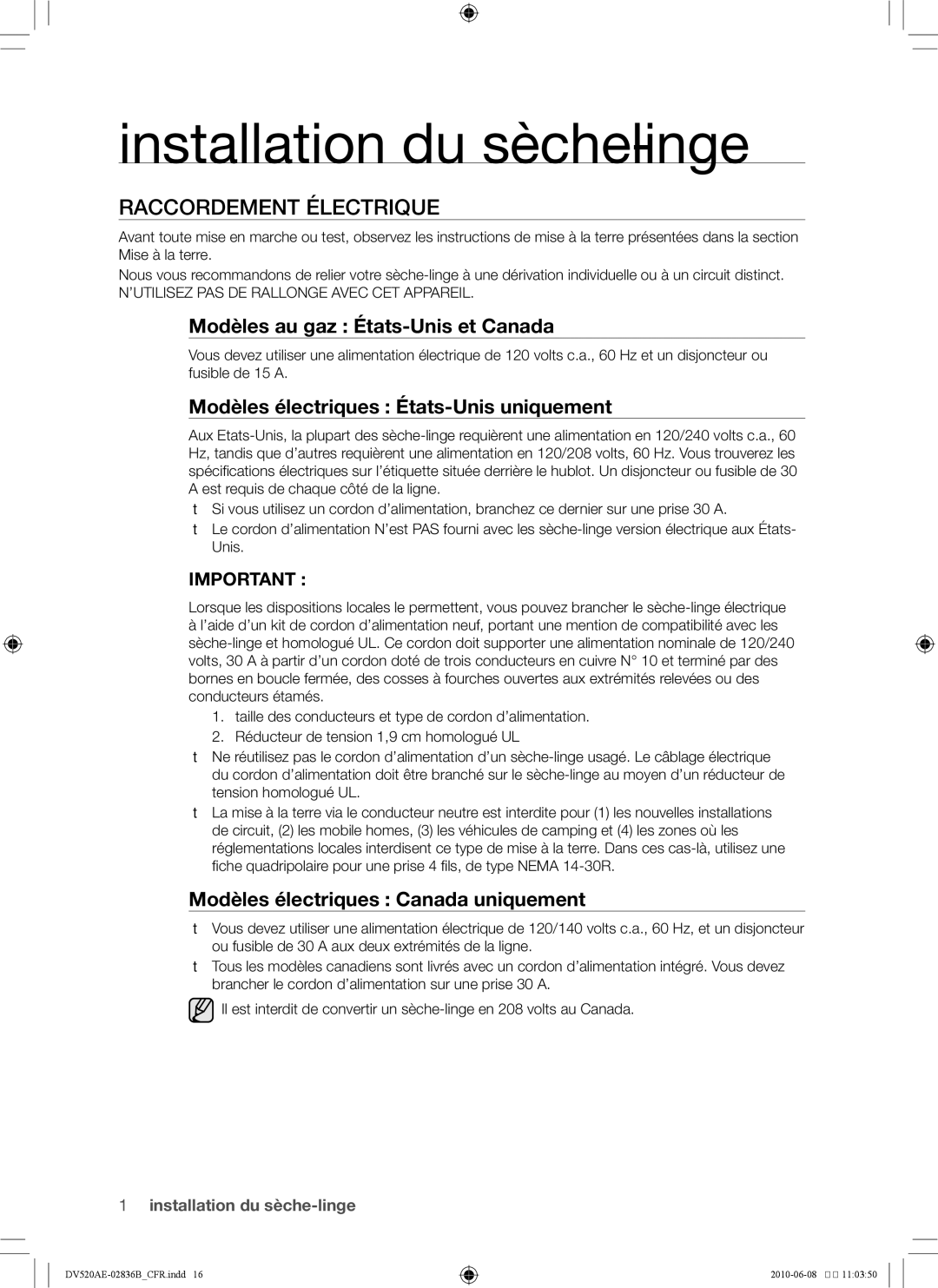 Samsung DC68-02836B Raccordement électrique, Modèles au gaz États-Unis et Canada, Modèles électriques Canada uniquement 