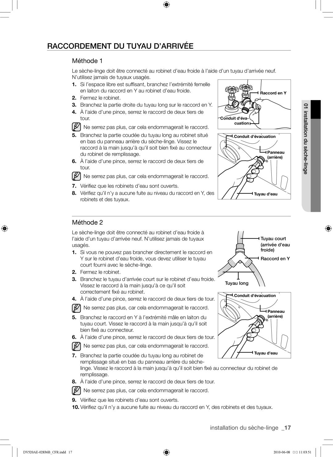 Samsung DC68-02836B user manual Raccordement du tuyau d’arrivée, Méthode 