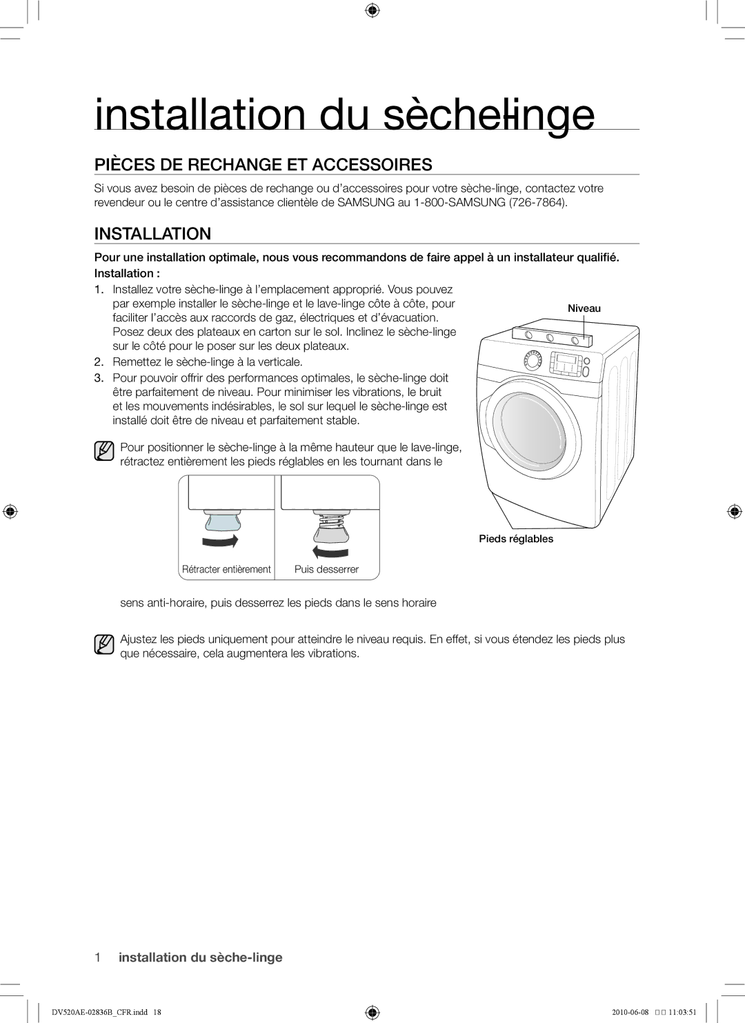 Samsung DC68-02836B user manual Pièces de rechange et accessoires, Installation 