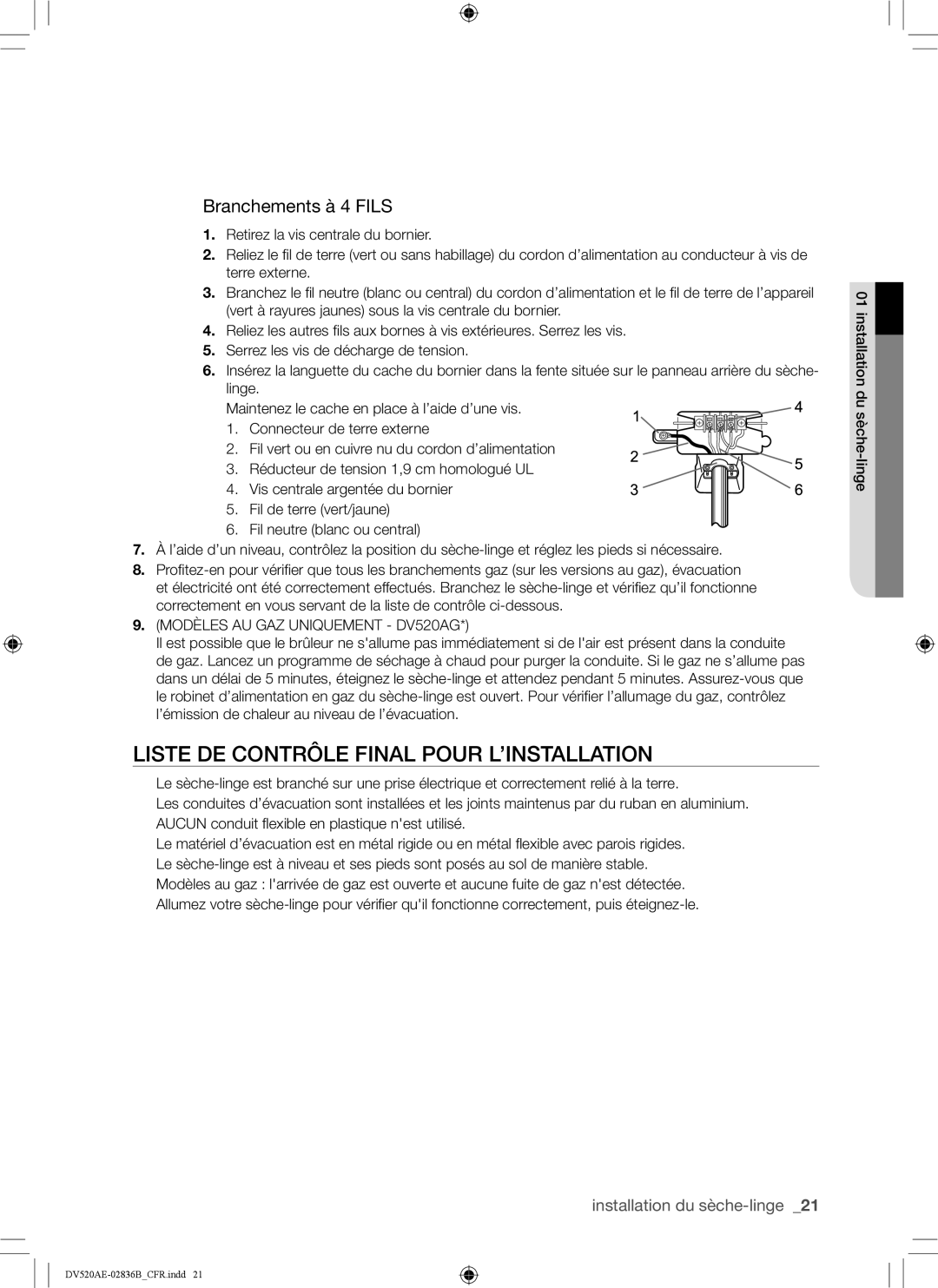 Samsung DC68-02836B user manual Liste de contrôle final pour l’installation, Branchements à 4 Fils 