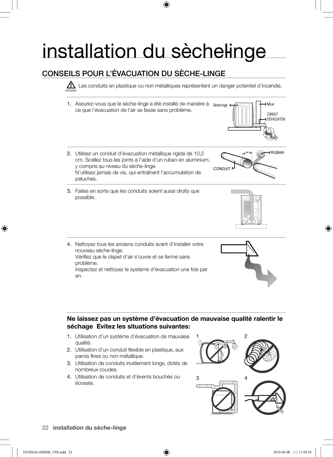 Samsung DC68-02836B user manual Conseils pour l’évacuation du sèche-linge 