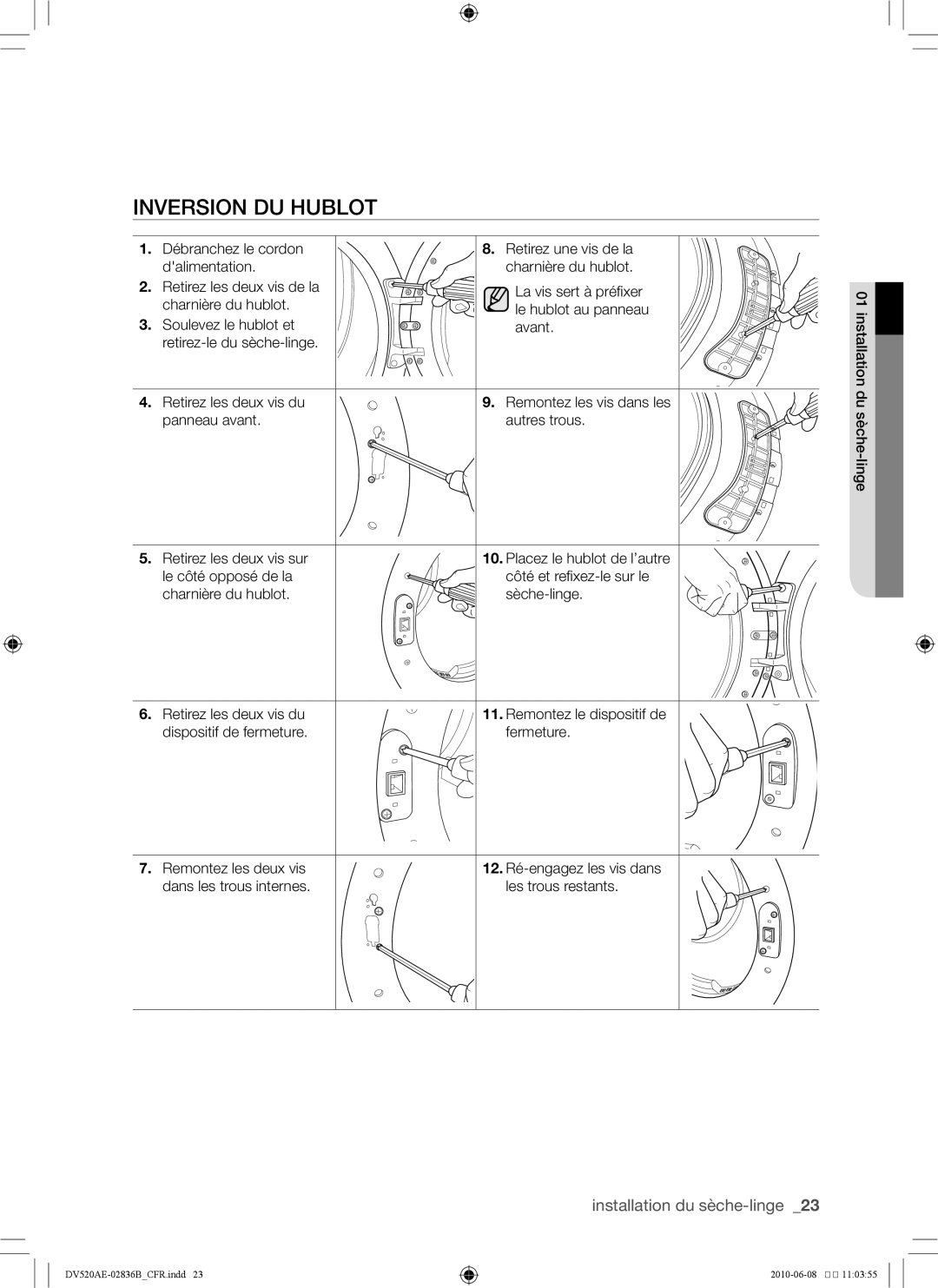 Samsung DC68-02836B user manual Inversion du hublot 