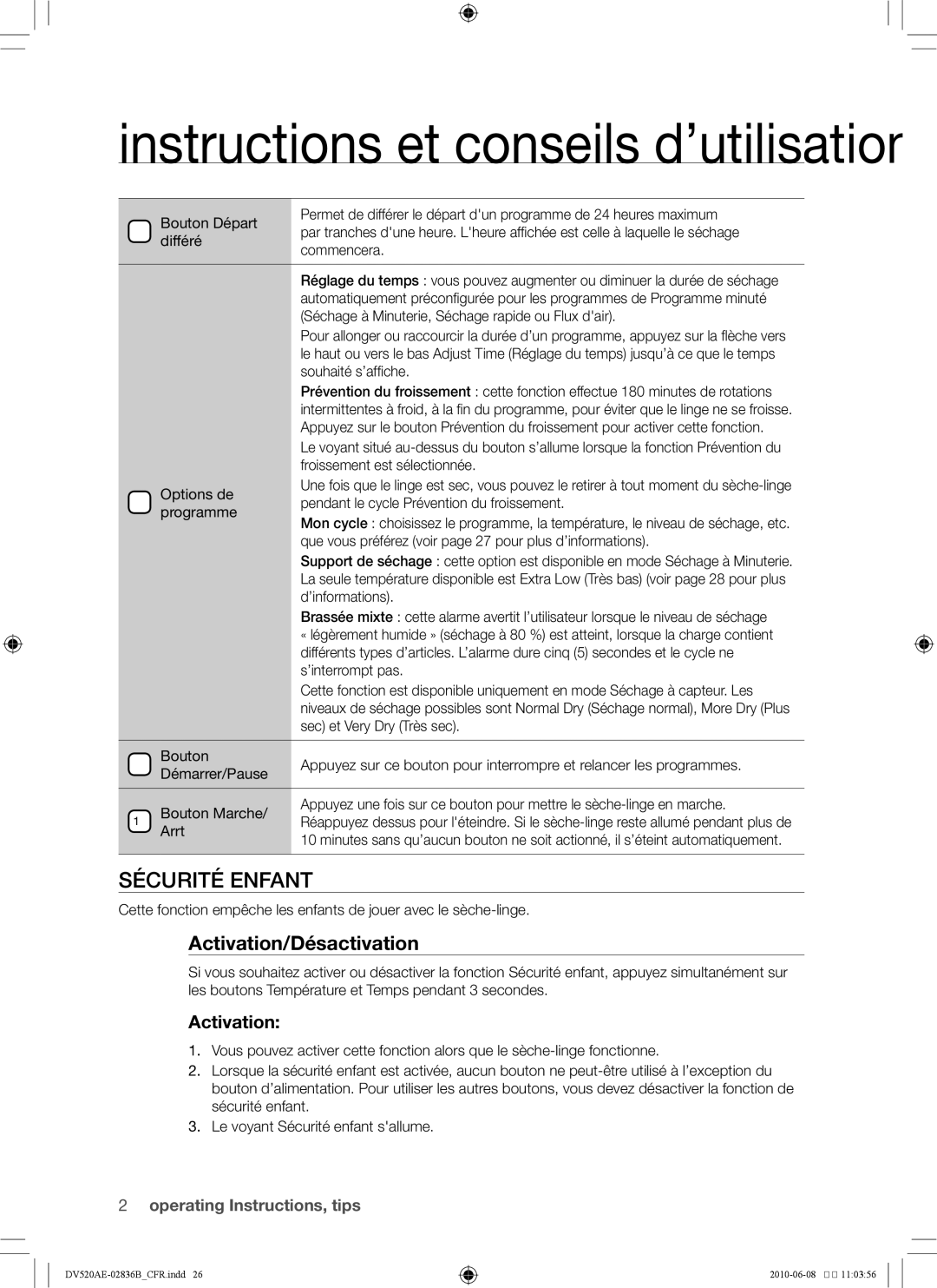 Samsung DC68-02836B user manual Sécurité enfant, Activation/Désactivation 