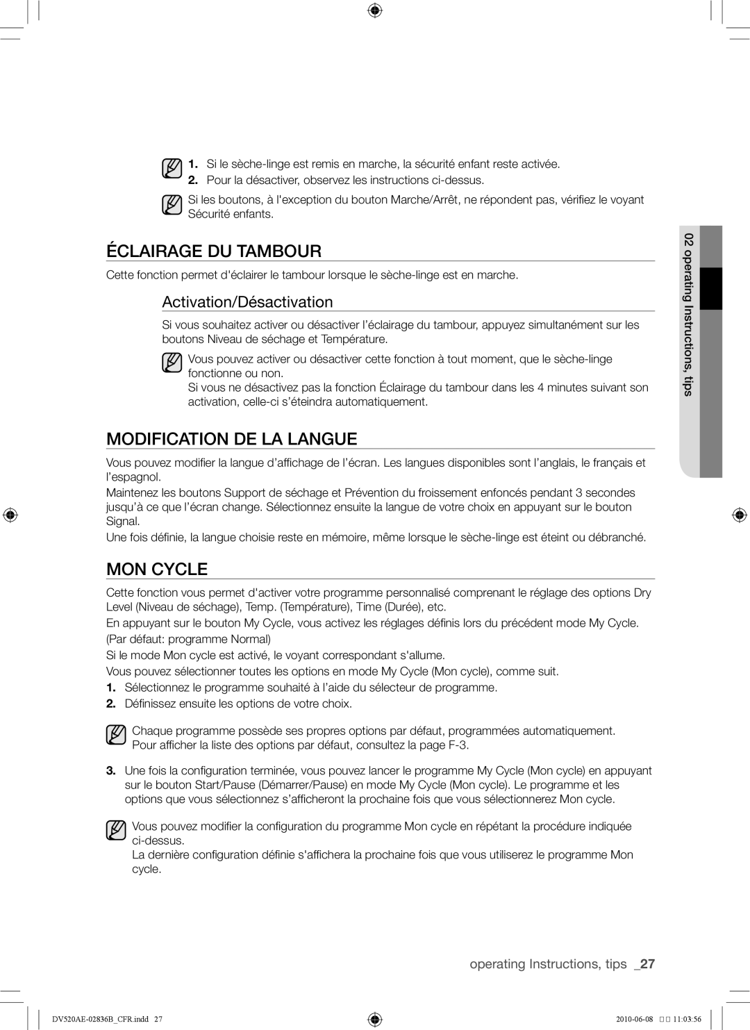 Samsung DC68-02836B user manual Éclairage du tambour, Modification de la langue, Mon cycle 