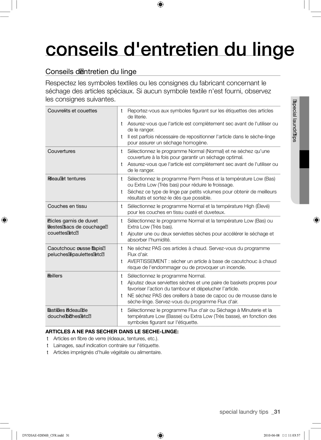 Samsung DC68-02836B user manual Conseils dentretien du linge, Articles a NE PAS Secher Dans LE SECHE-LINGE 