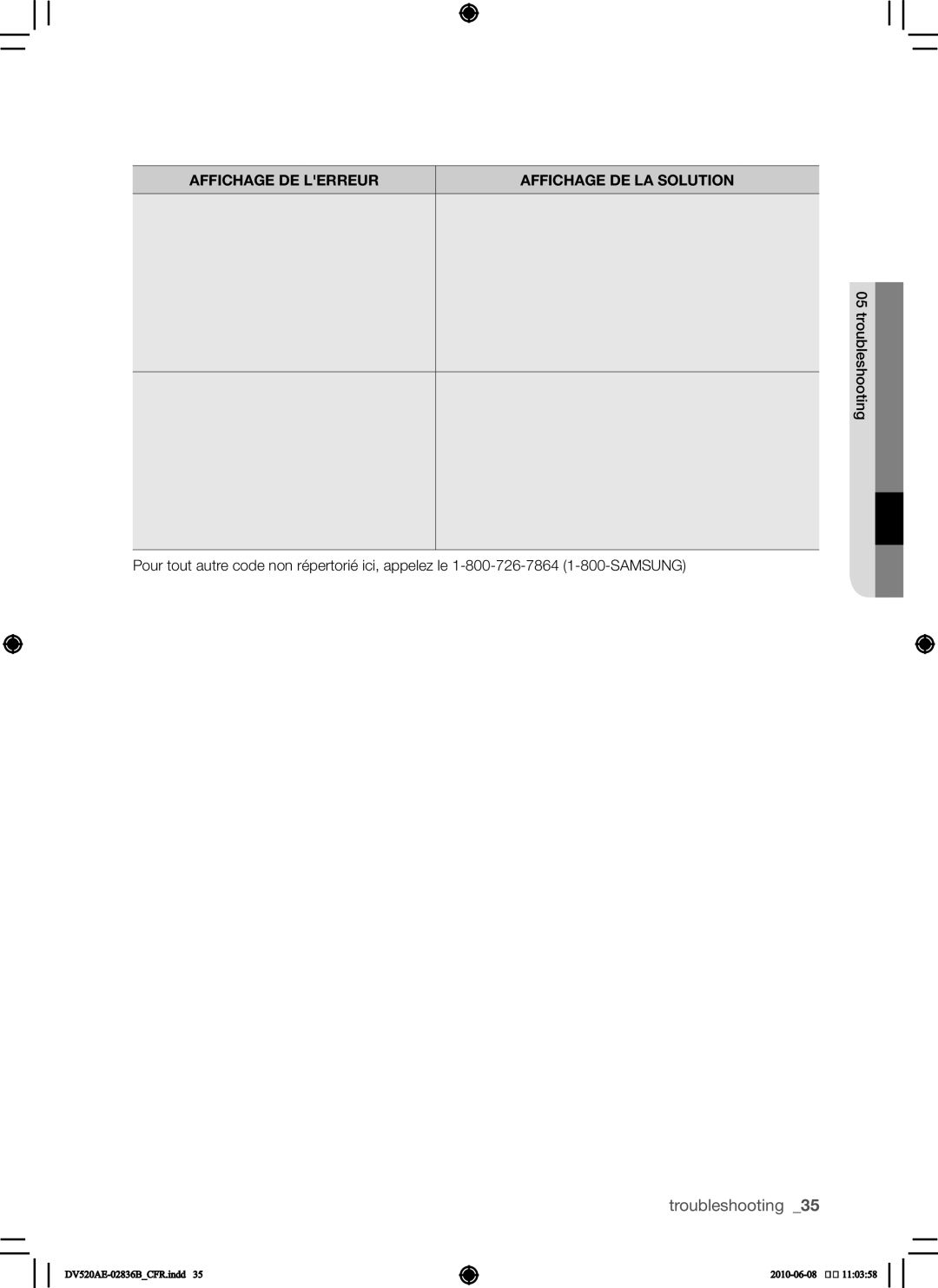 Samsung DC68-02836B user manual Affichage DE Lerreur, Affichage DE LA Solution 