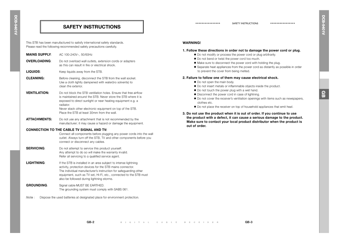 Samsung DCB-9401V manual Safety Instructions, Failure to follow one of them may cause electrical shock 