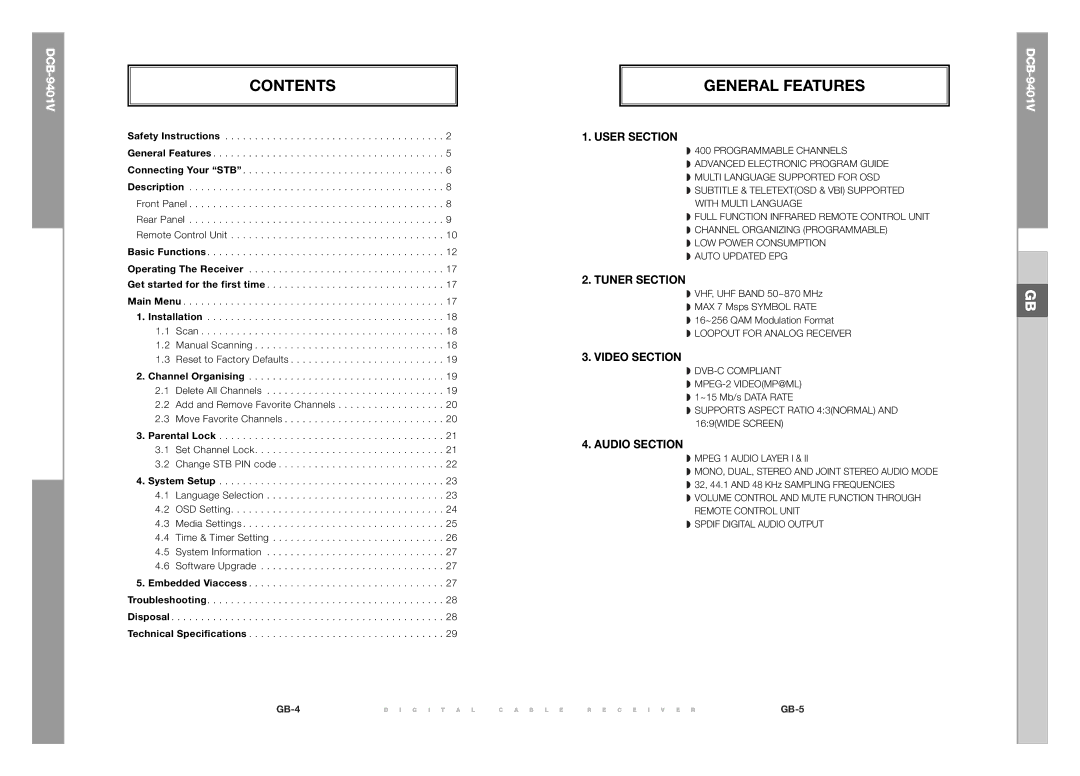 Samsung DCB-9401V manual Contents, General Features 