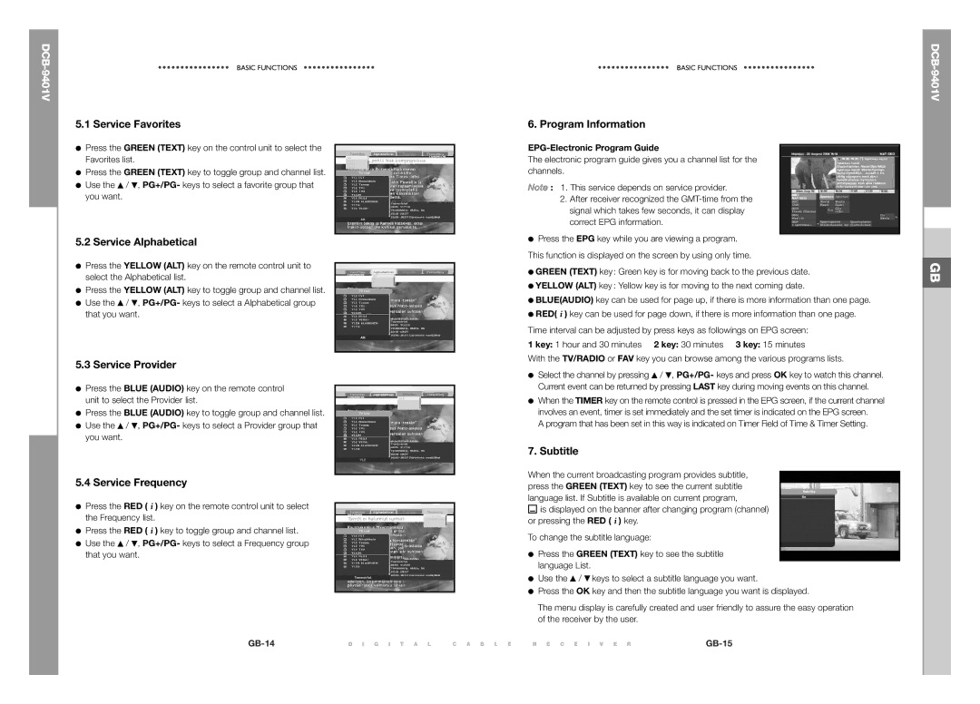 Samsung DCB-9401V manual Service Favorites, Service Alphabetical, Service Provider, Service Frequency, Program Information 