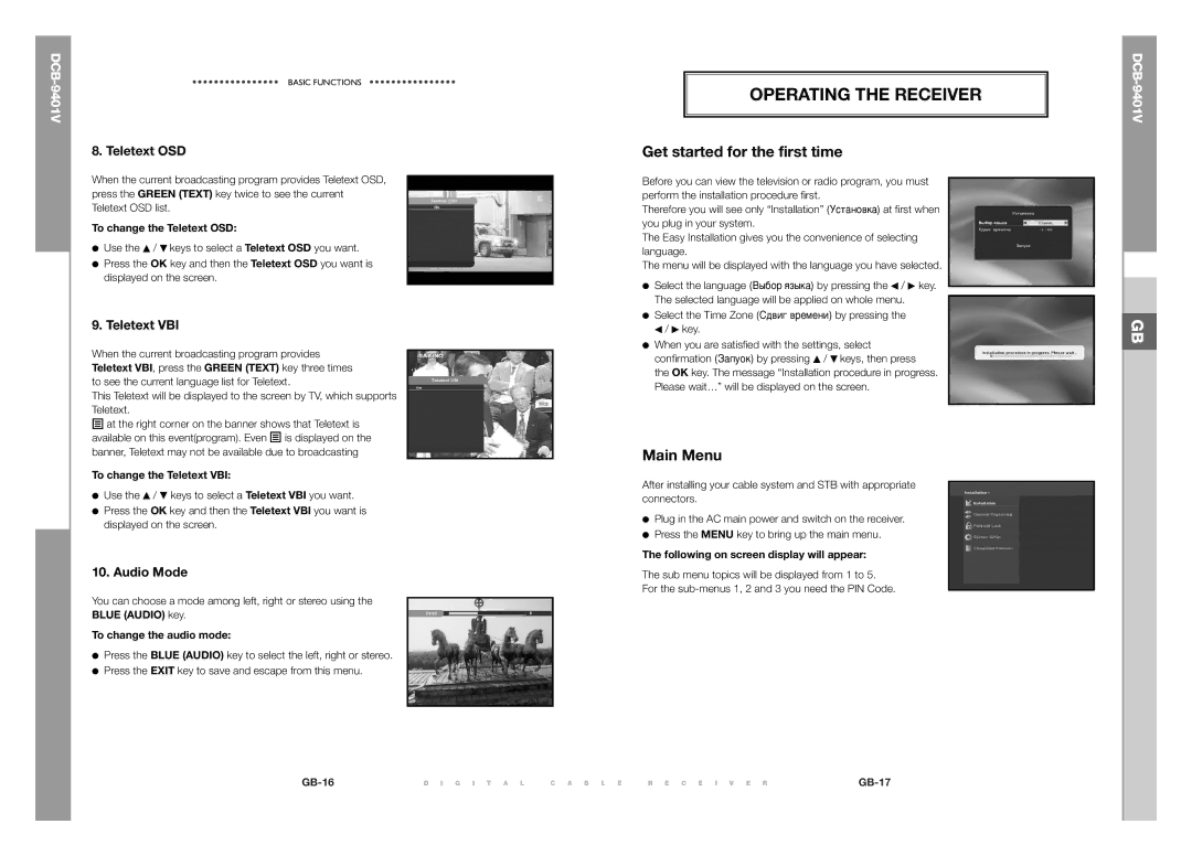 Samsung DCB-9401V manual Operating the Receiver, Get started for the first time, Main Menu 