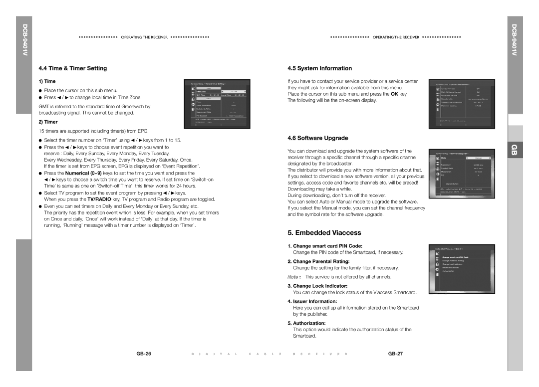 Samsung DCB-9401V manual Embedded Viaccess, Time & Timer Setting, System Information, Software Upgrade 
