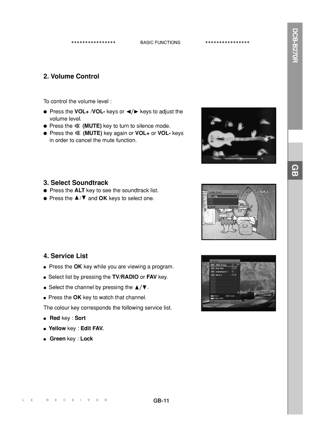 Samsung DCB-B270R manual Volume Control, Select Soundtrack, Service List, Red key Sort Yellow key Edit FAV Green key Lock 