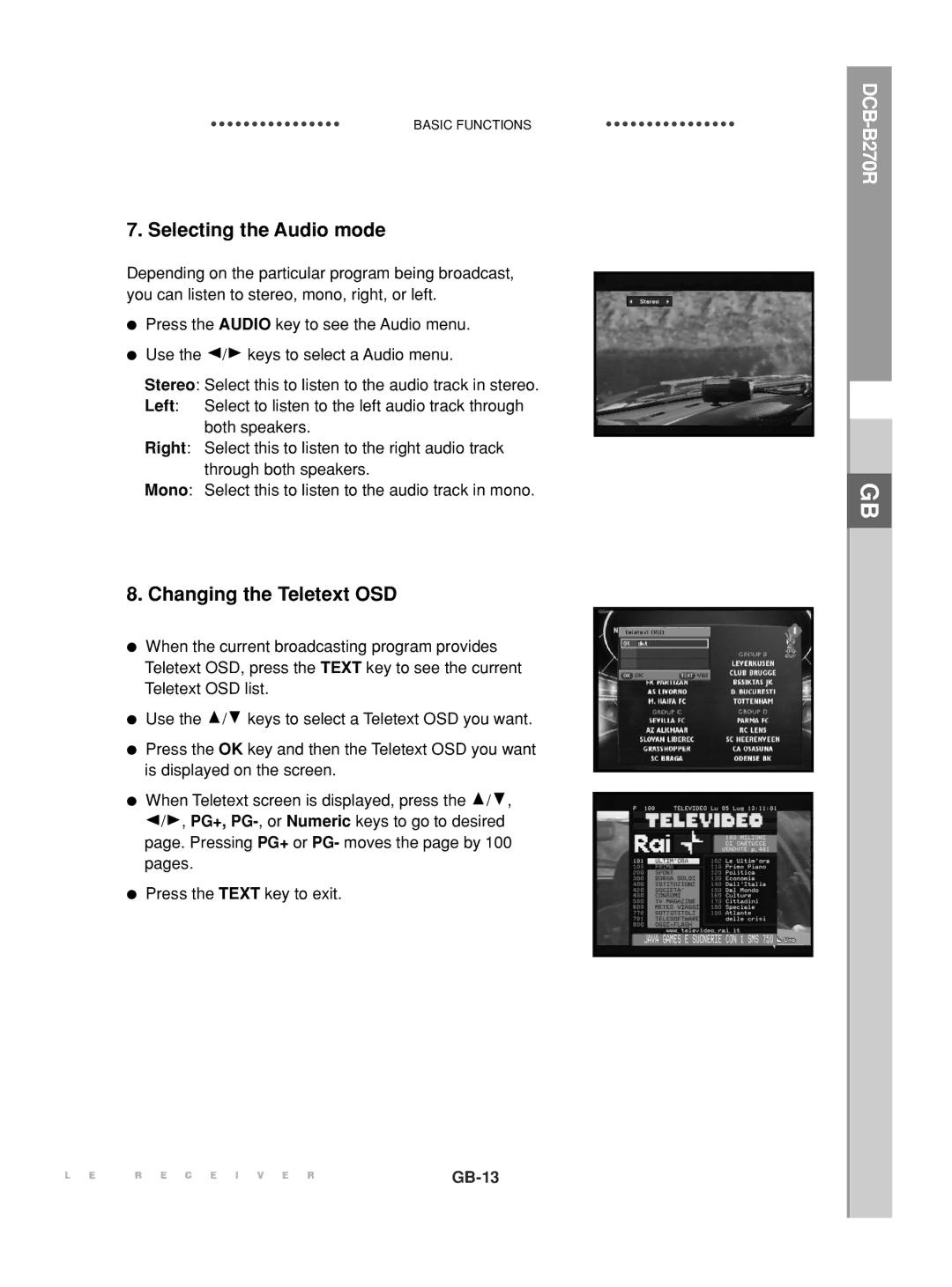 Samsung DCB-B270R manual Selecting the Audio mode, Changing the Teletext OSD 