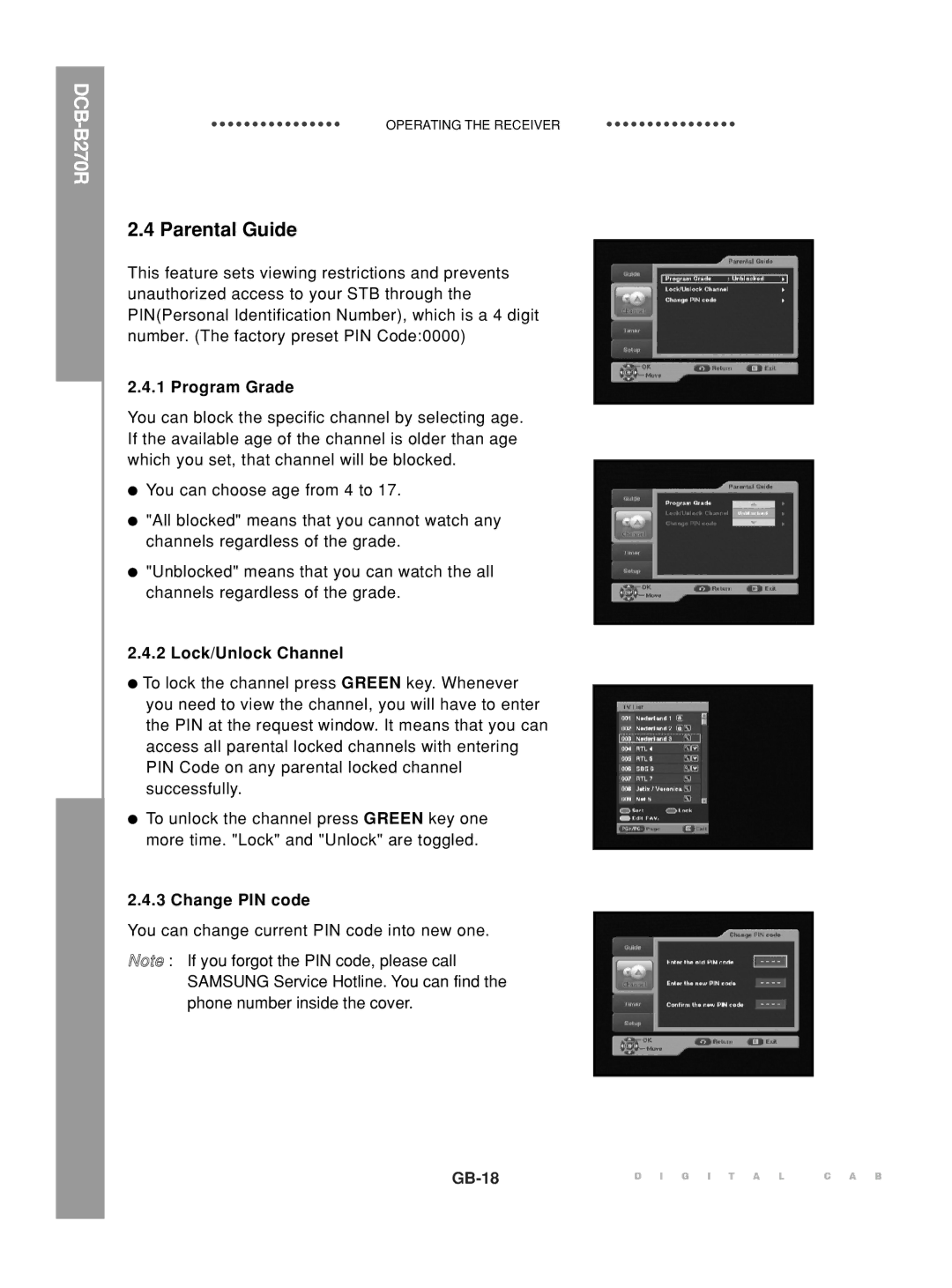 Samsung DCB-B270R manual Parental Guide, Program Grade, Lock/Unlock Channel, Change PIN code 