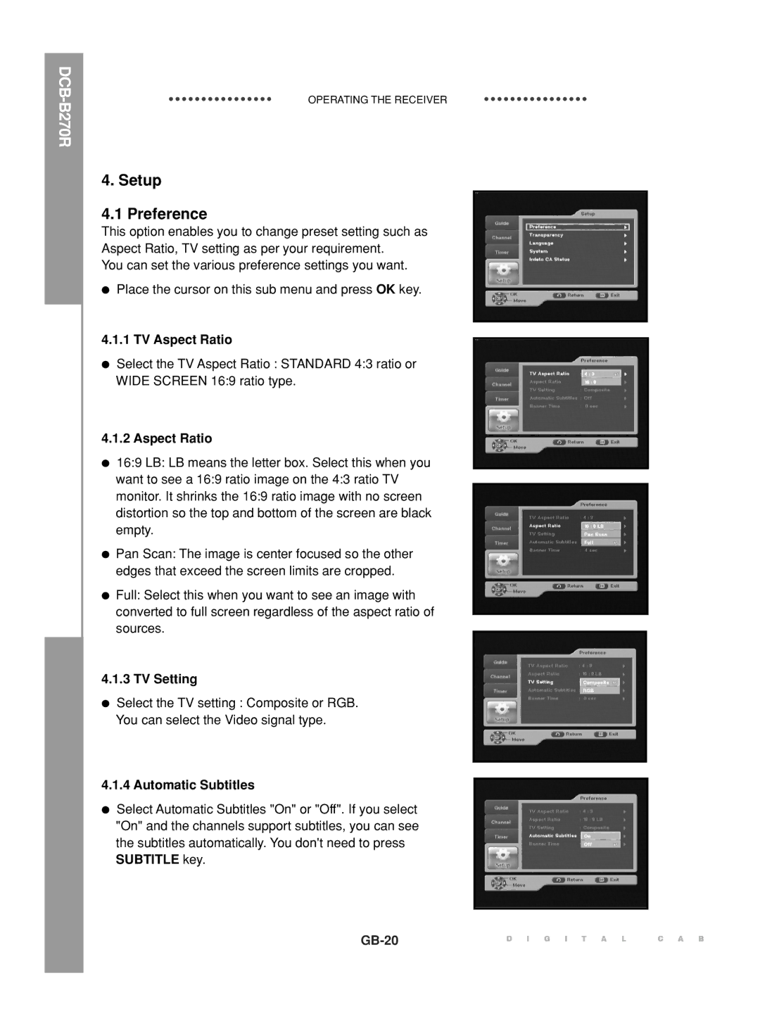 Samsung DCB-B270R manual Setup Preference, TV Aspect Ratio, TV Setting, Automatic Subtitles 