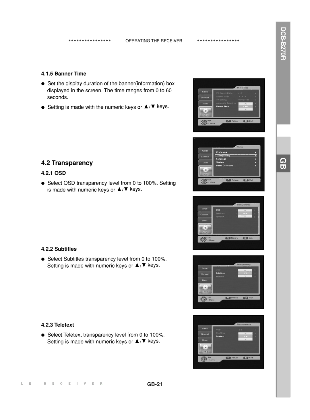 Samsung DCB-B270R manual Transparency, Banner Time, 1 OSD, Subtitles, Teletext 