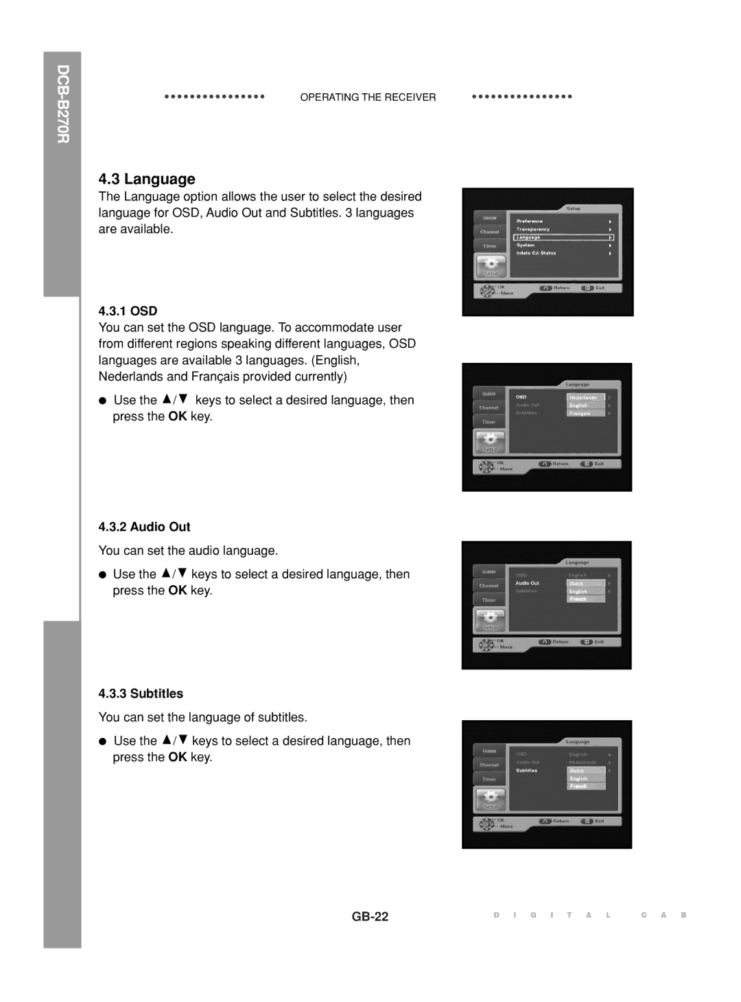 Samsung DCB-B270R manual Language, Audio Out 