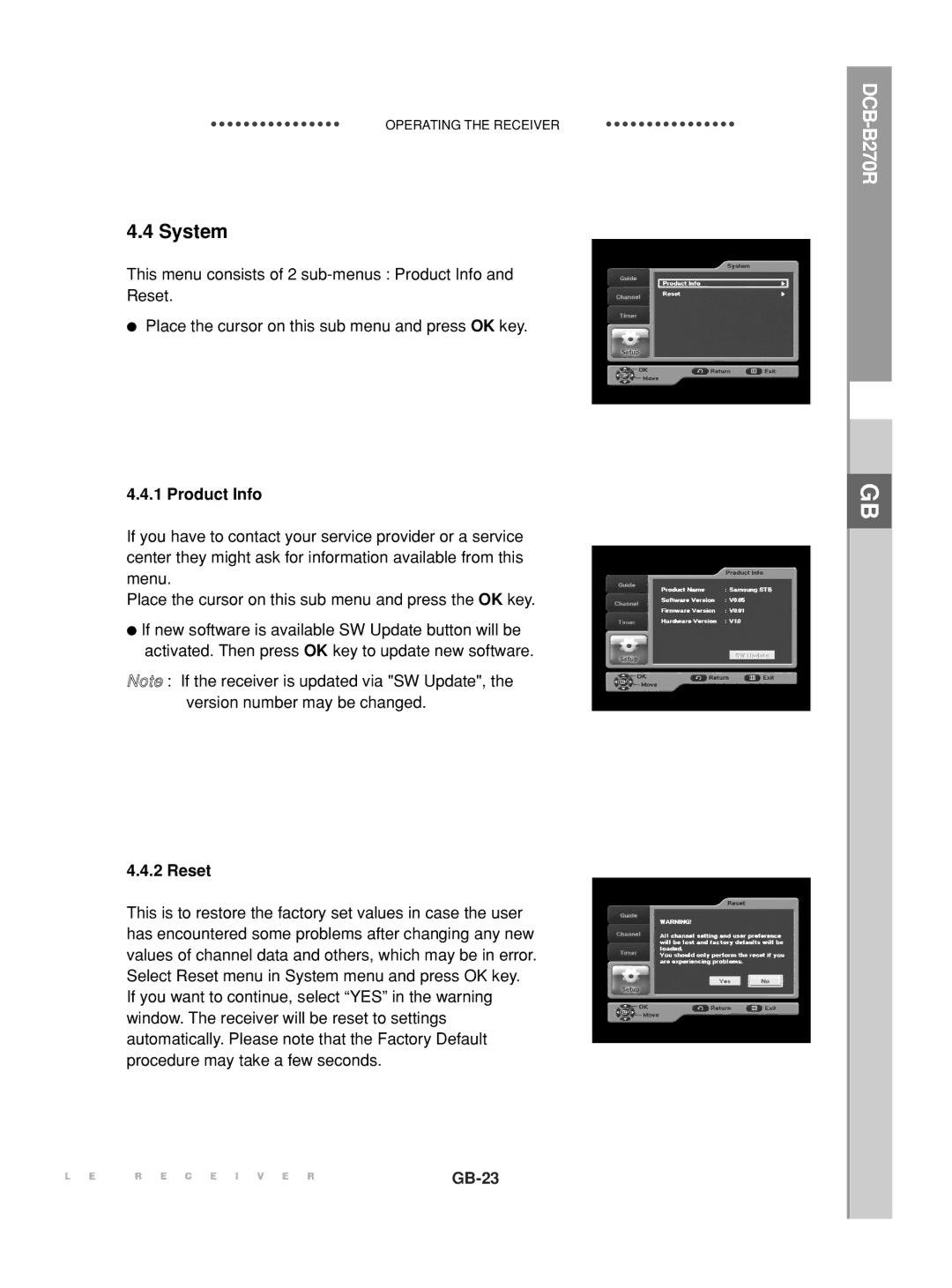 Samsung DCB-B270R manual System, Product Info, Reset 