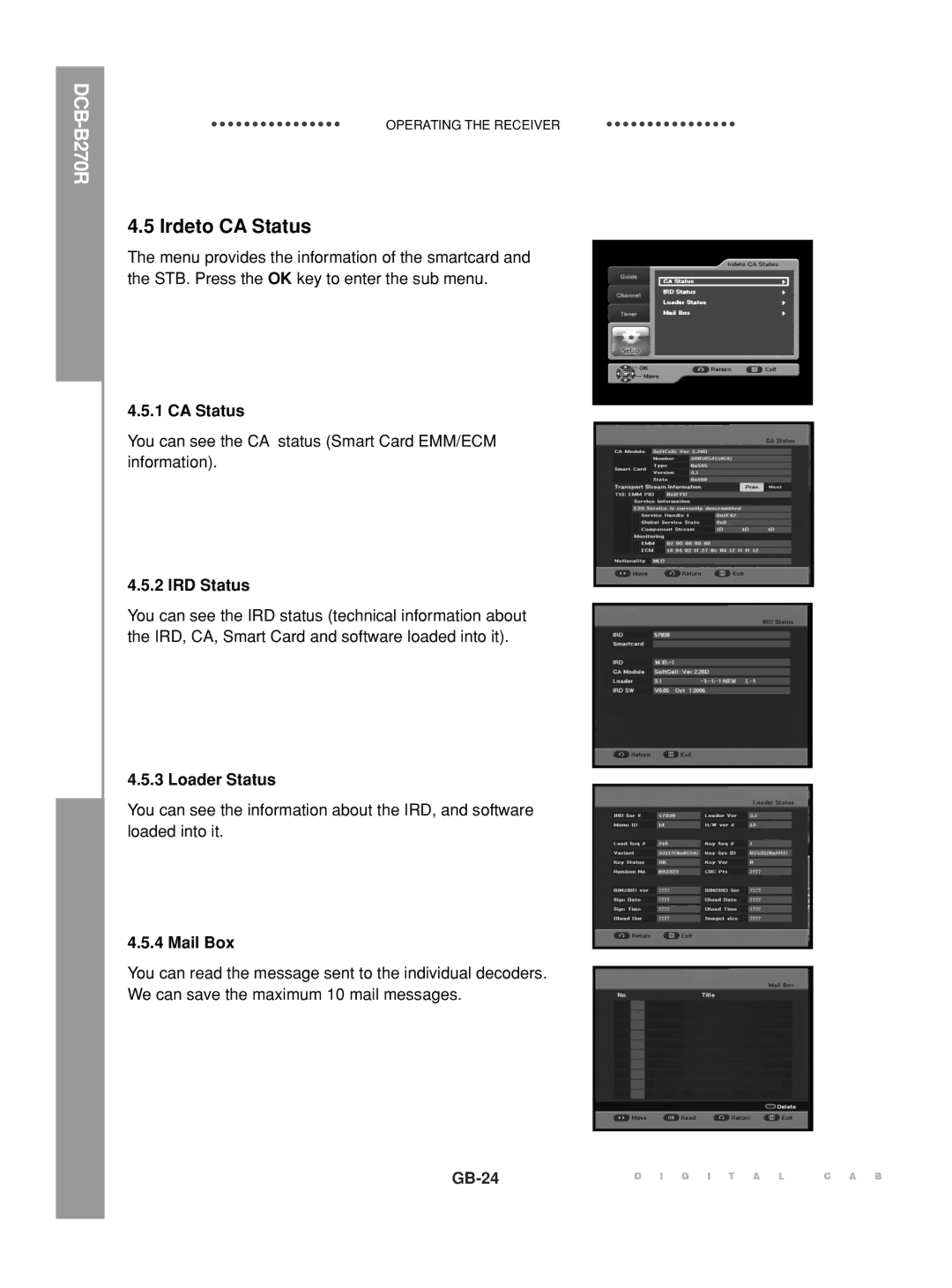 Samsung DCB-B270R manual Irdeto CA Status, IRD Status, Loader Status, Mail Box 