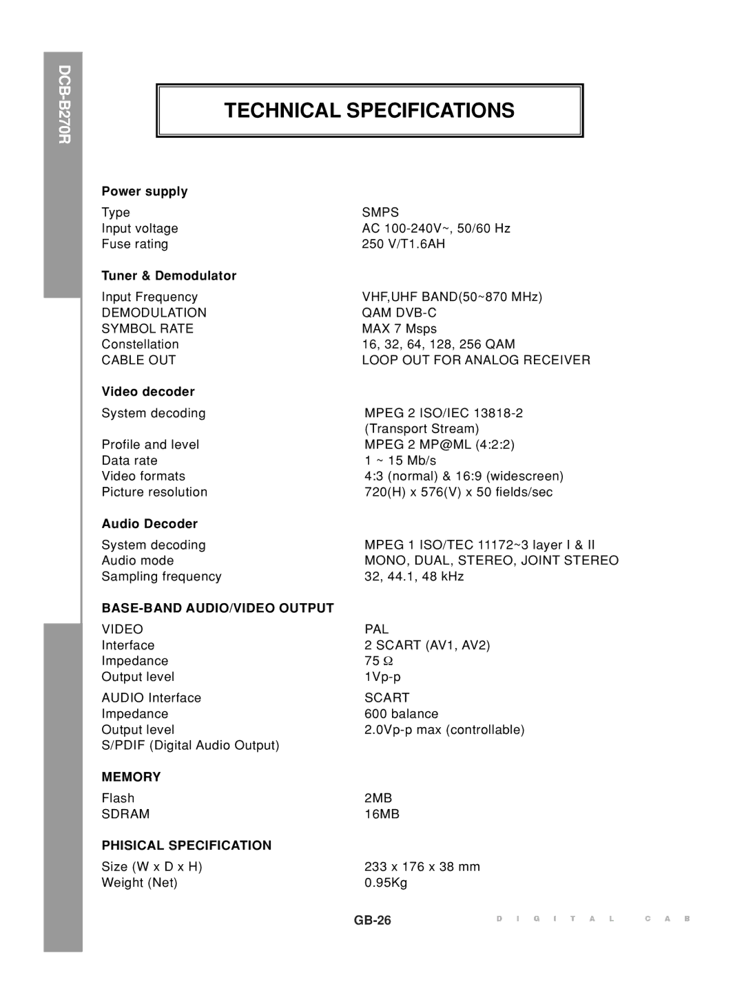 Samsung DCB-B270R manual Technical Specifications, BASE-BAND AUDIO/VIDEO Output, Memory, Phisical Specification 