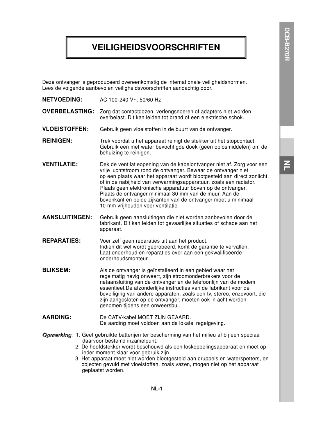 Samsung DCB-B270R manual Veiligheidsvoorschriften 