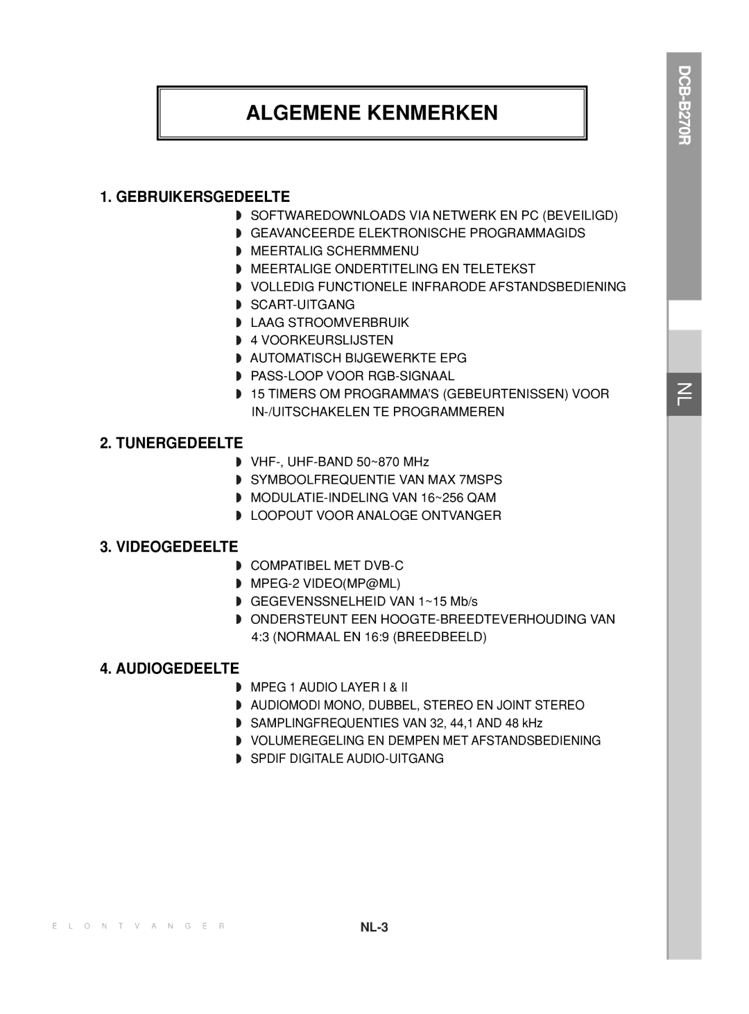 Samsung DCB-B270R manual Algemene Kenmerken, Gebruikersgedeelte 