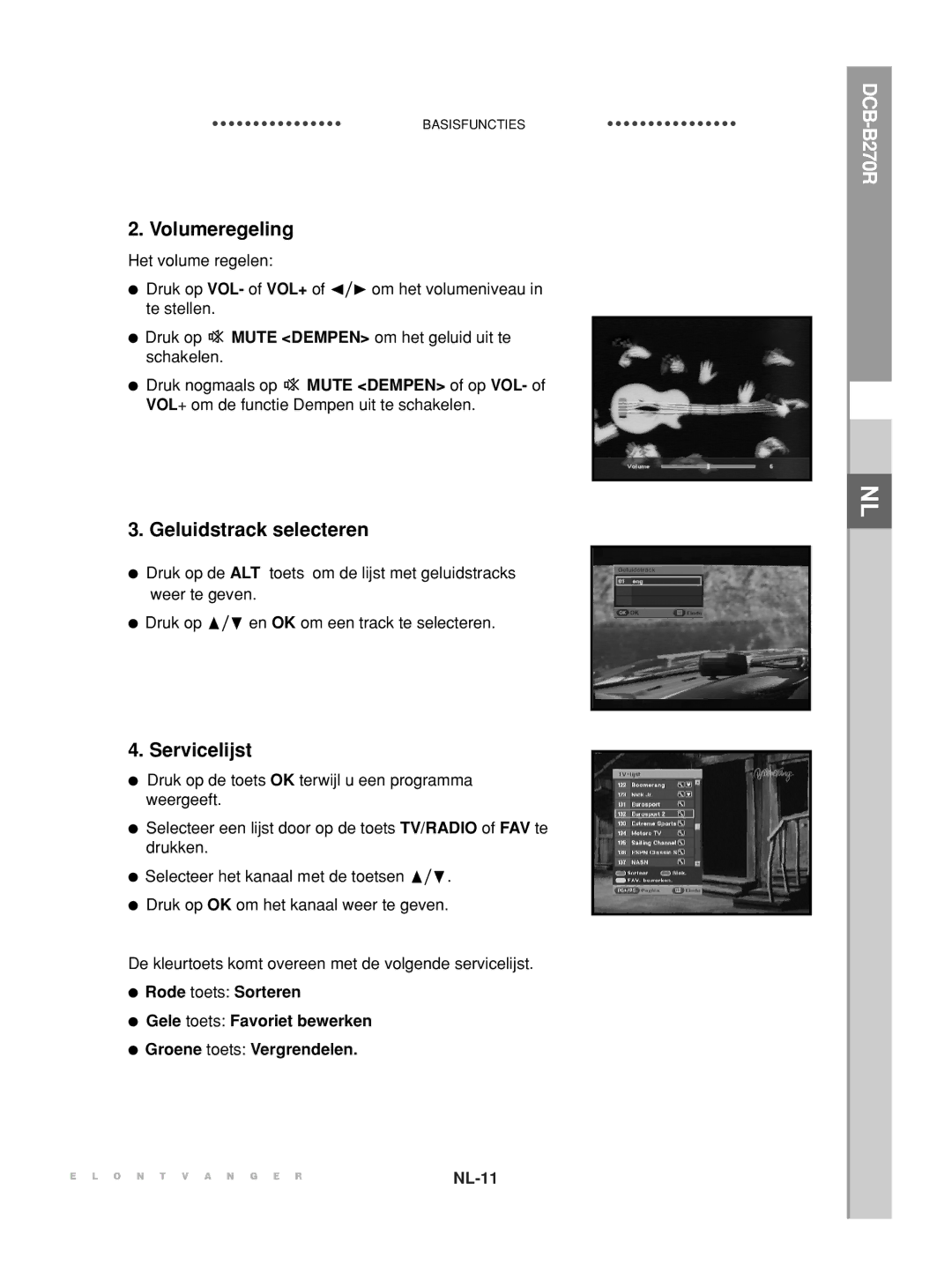 Samsung DCB-B270R manual Volumeregeling, Geluidstrack selecteren, Servicelijst 