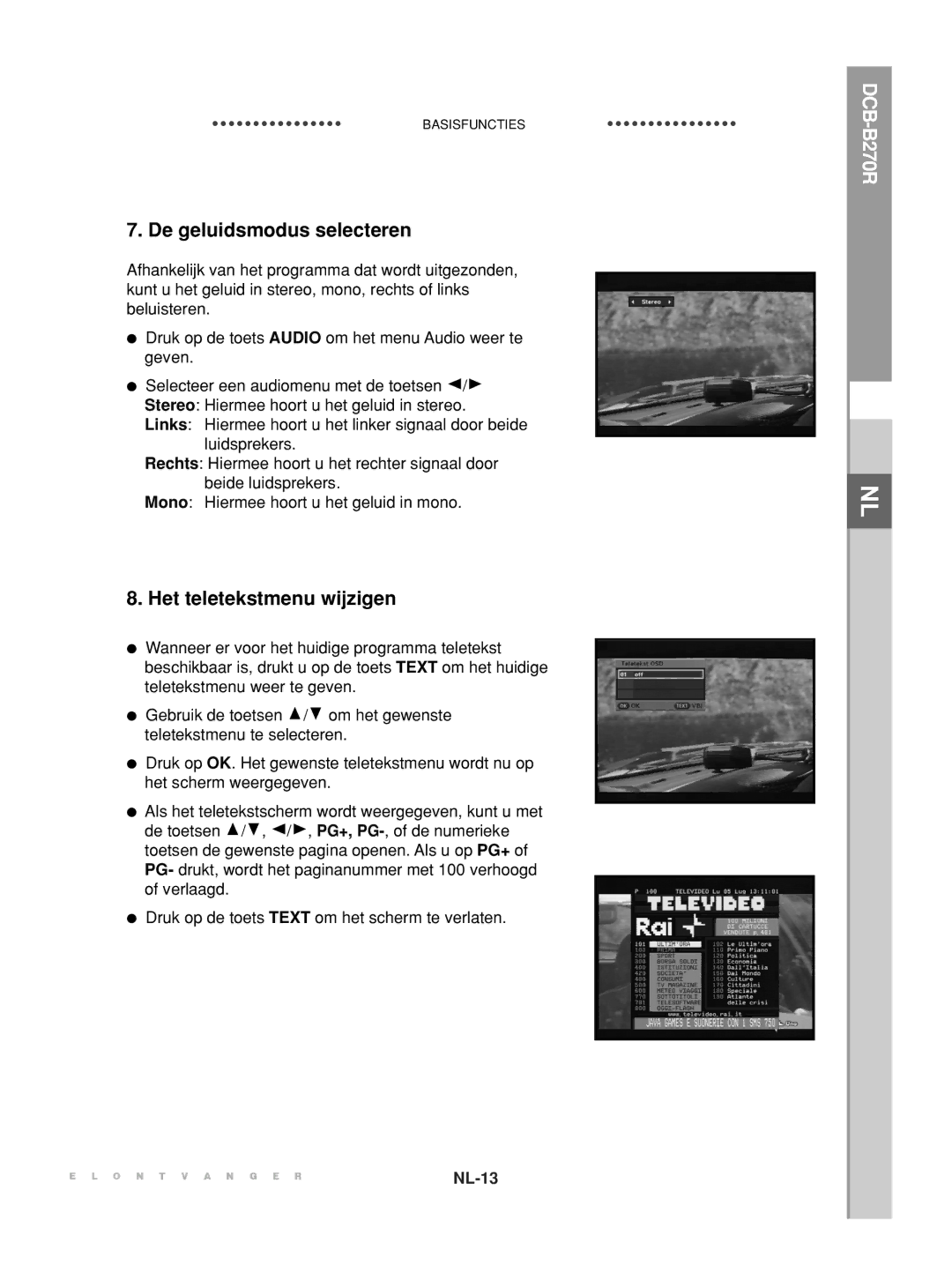 Samsung DCB-B270R manual De geluidsmodus selecteren, Het teletekstmenu wijzigen 