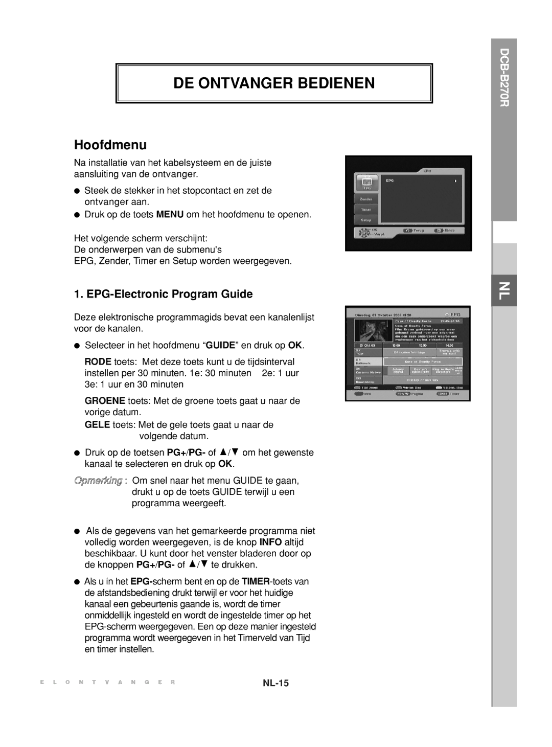 Samsung DCB-B270R manual DE Ontvanger Bedienen, Hoofdmenu 