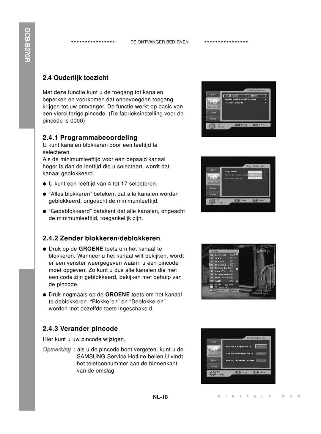 Samsung DCB-B270R manual Ouderlijk toezicht, Programmabeoordeling, Zender blokkeren/deblokkeren, Verander pincode 