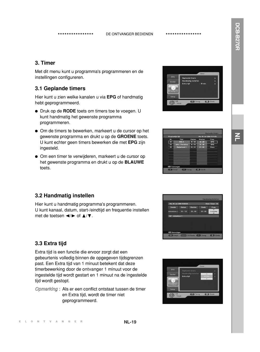 Samsung DCB-B270R manual Geplande timers, Handmatig instellen, Extra tijd 