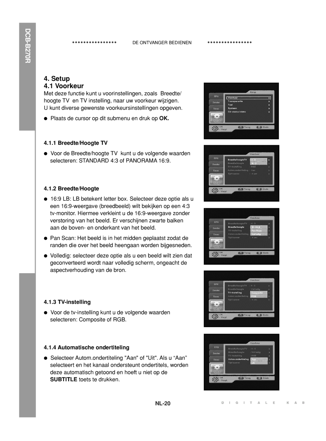 Samsung DCB-B270R manual Setup Voorkeur, Breedte/Hoogte TV, TV-instelling, Automatische ondertiteling 