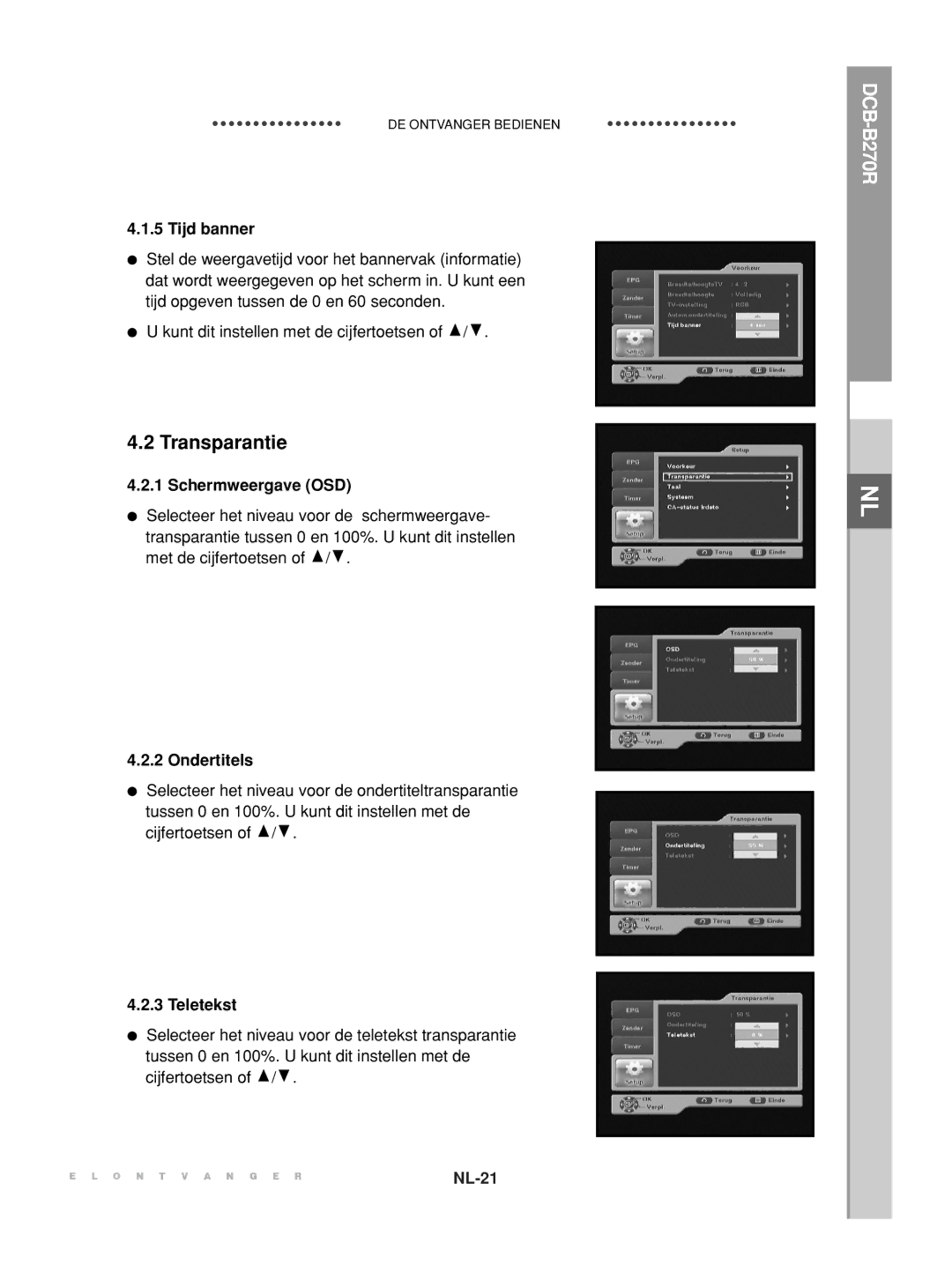 Samsung DCB-B270R manual Transparantie, Tijd banner, Schermweergave OSD, Ondertitels, Teletekst 