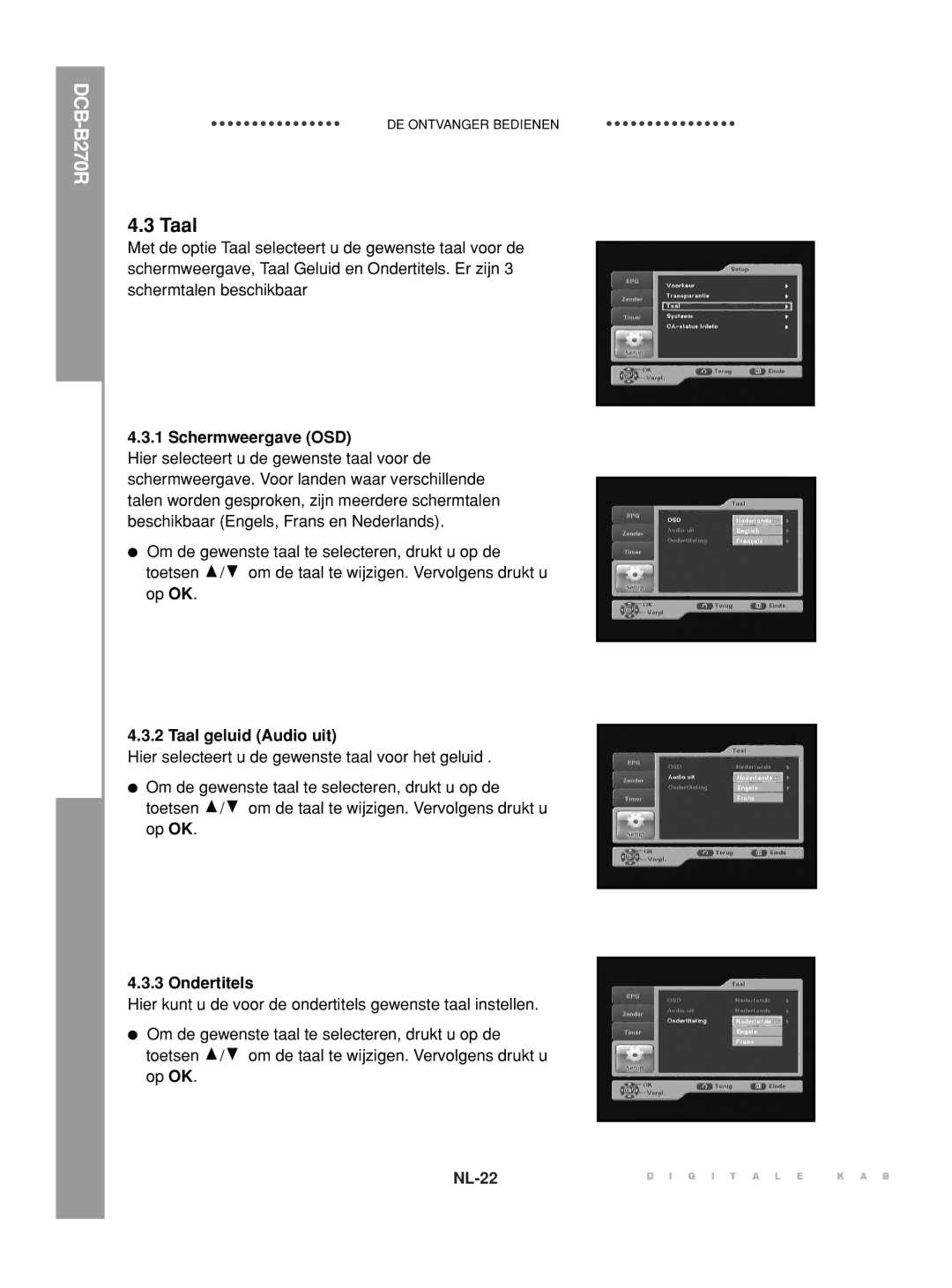 Samsung DCB-B270R manual Taal geluid Audio uit 