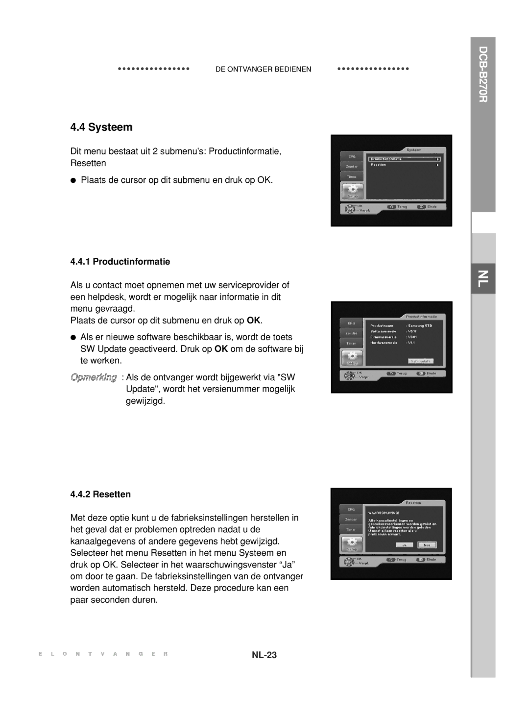 Samsung DCB-B270R manual Systeem, Productinformatie, Resetten 