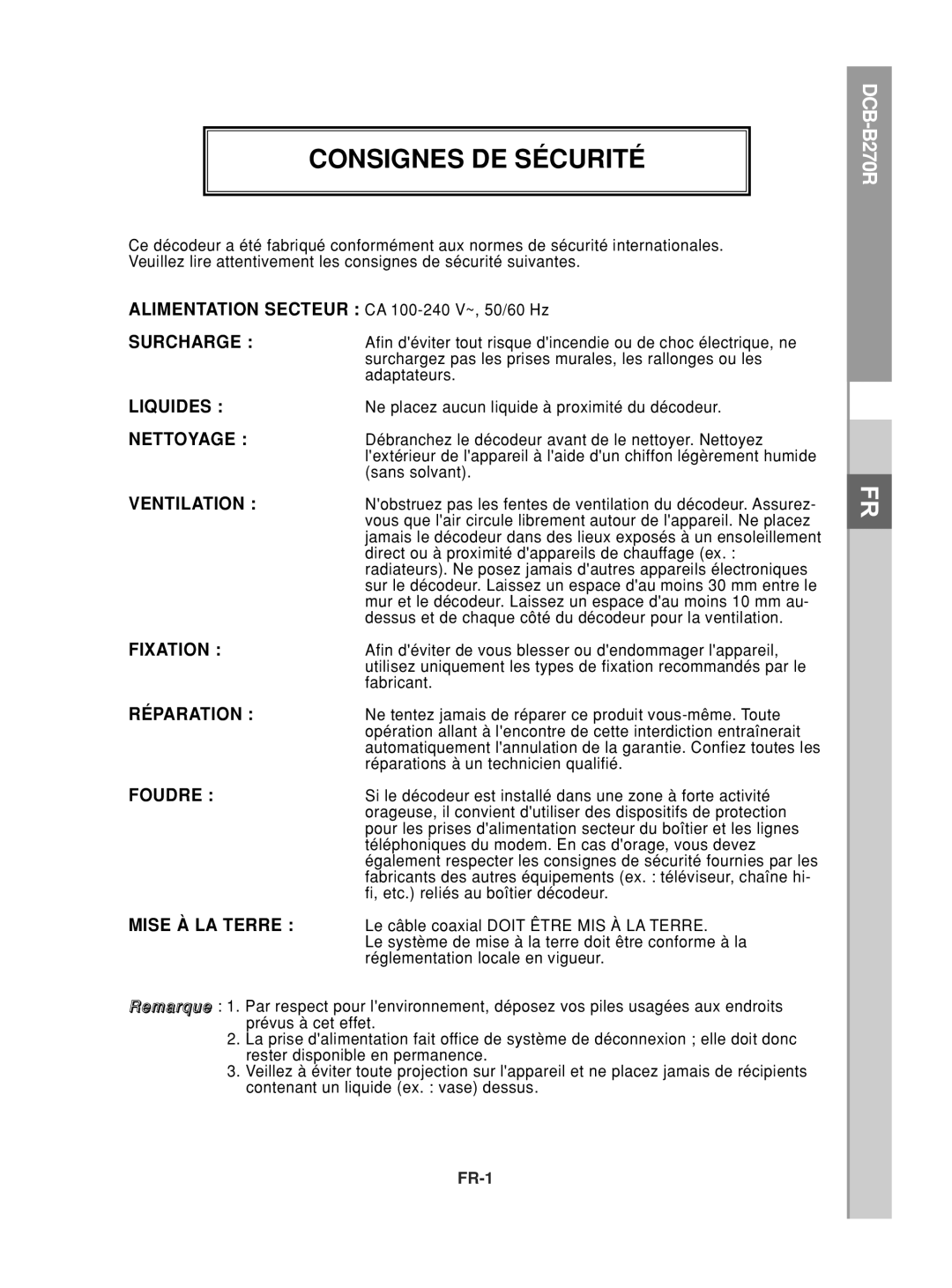 Samsung DCB-B270R manual Consignes DE Sécurité, Alimentation Secteur CA 100-240 V~, 50/60 Hz 