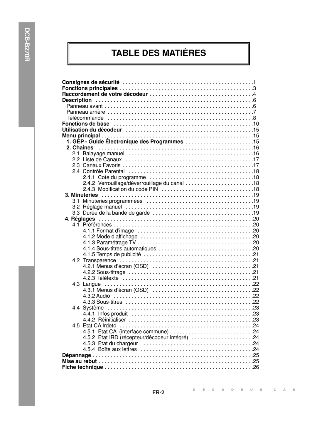 Samsung DCB-B270R manual Table DES Matières 