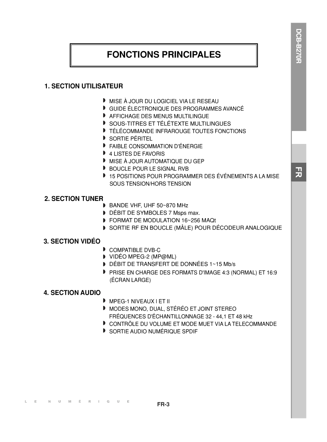 Samsung DCB-B270R manual Fonctions Principales, Section Utilisateur 