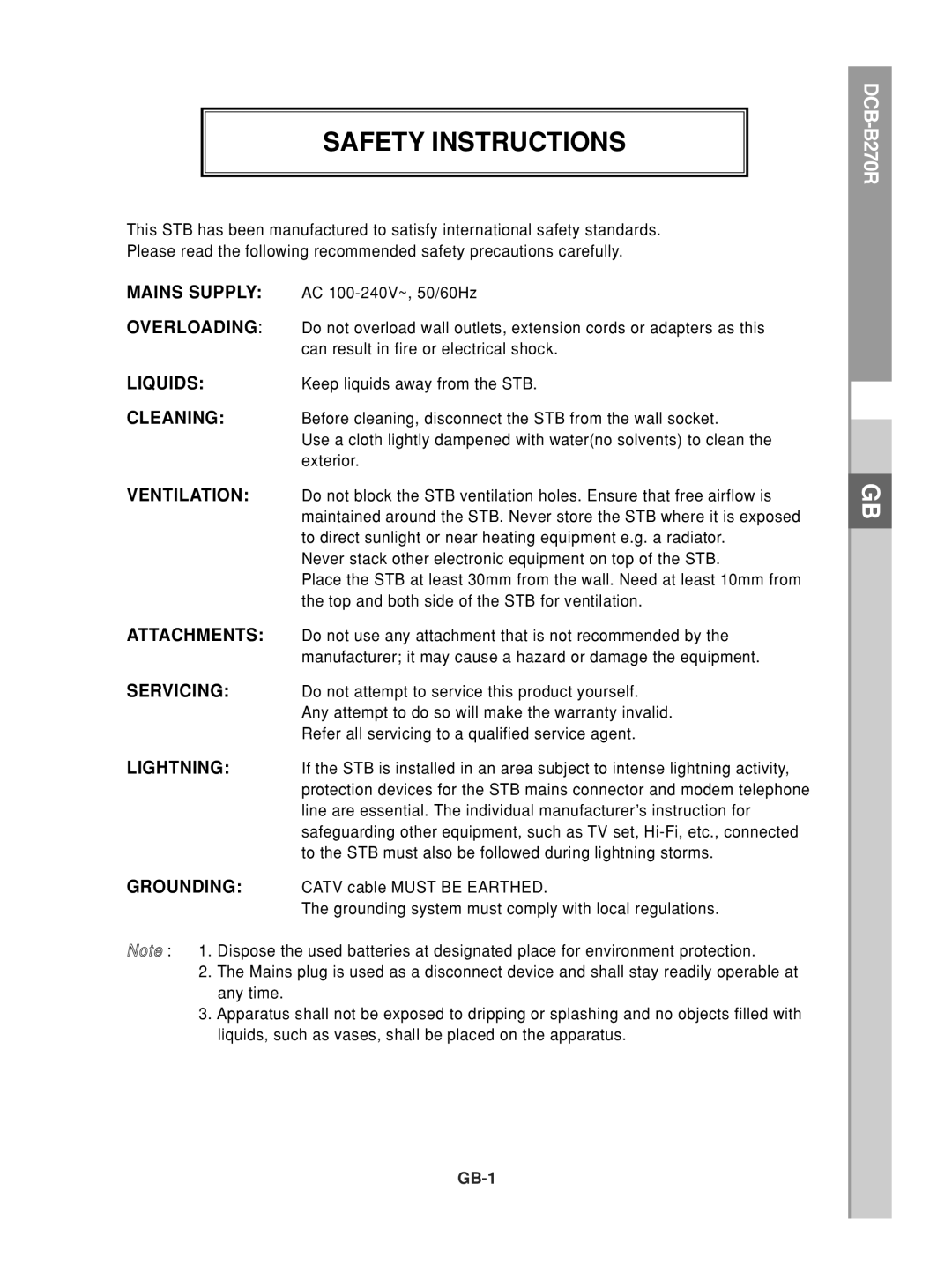 Samsung DCB-B270R manual Safety Instructions 