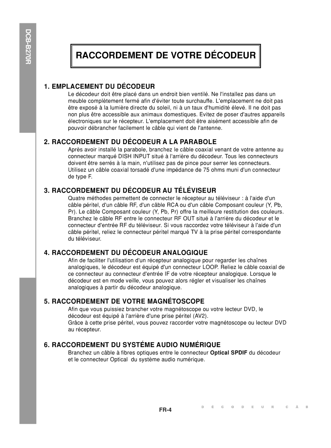 Samsung DCB-B270R manual Raccordement DE Votre Décodeur, Emplacement DU Décodeur 