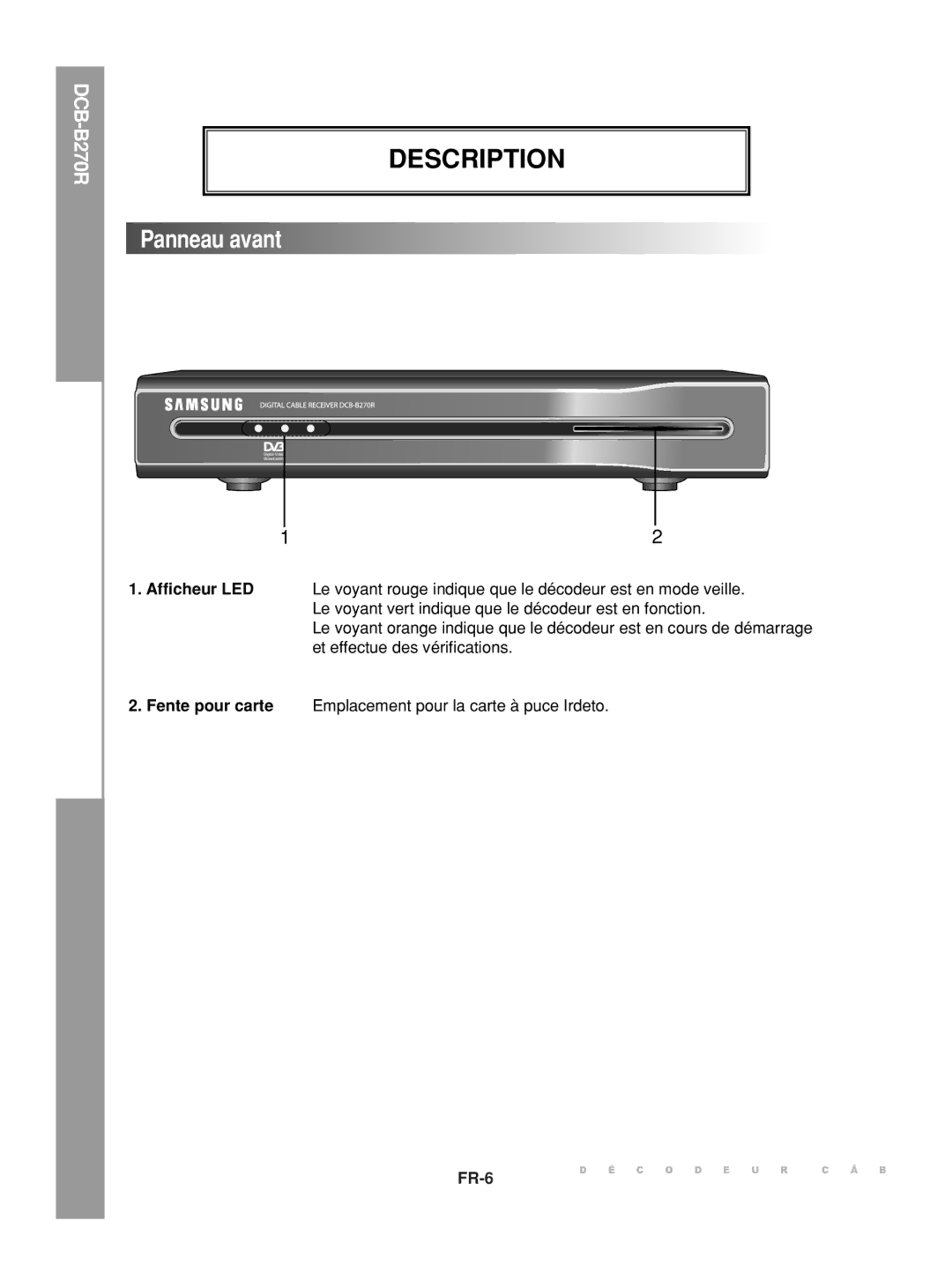 Samsung DCB-B270R manual Description, Panneau avant 