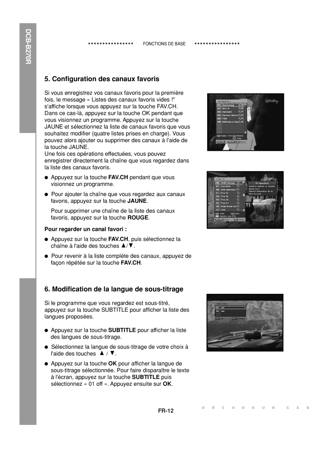 Samsung DCB-B270R manual Configuration des canaux favoris, Modification de la langue de sous-titrage 