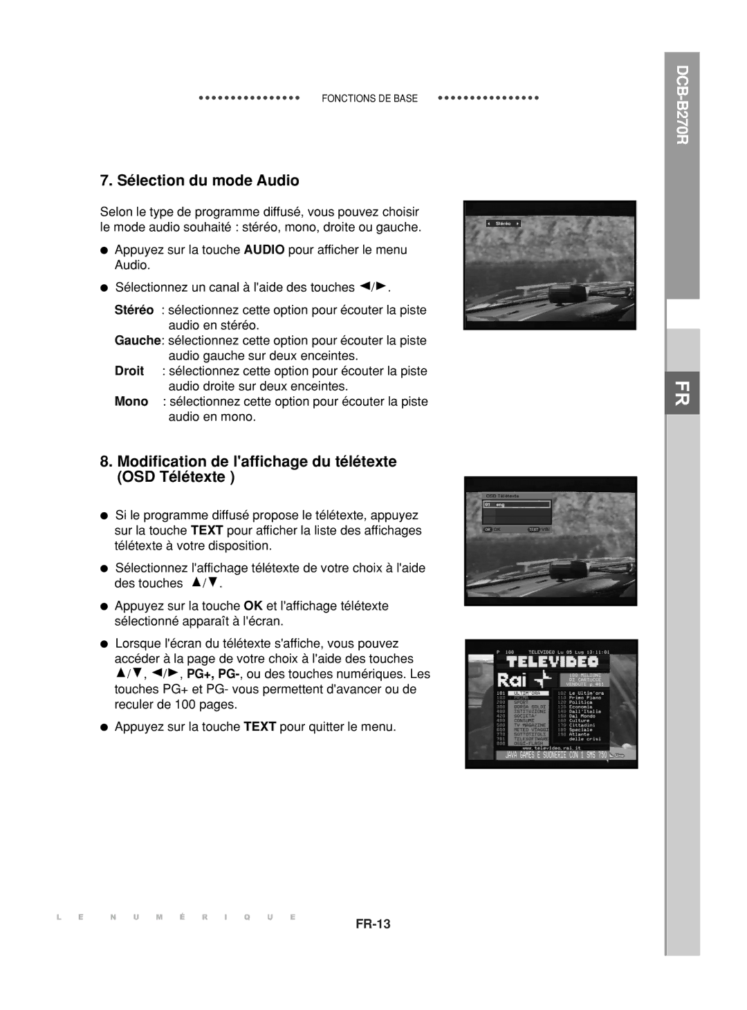 Samsung DCB-B270R manual Sélection du mode Audio, Modification de laffichage du télétexte OSD Télétexte 