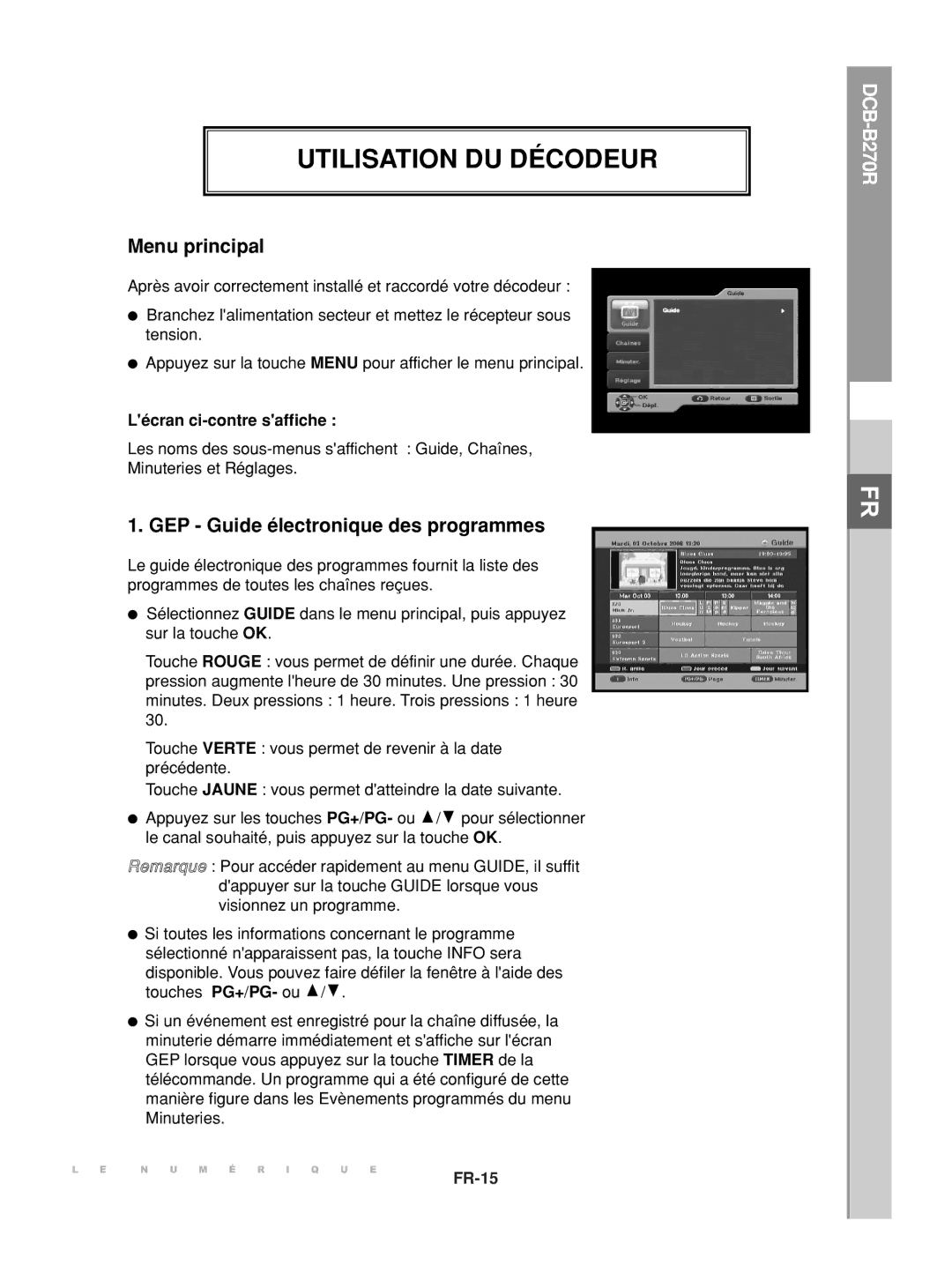 Samsung DCB-B270R manual Utilisation DU Décodeur, Menu principal, GEP Guide électronique des programmes 