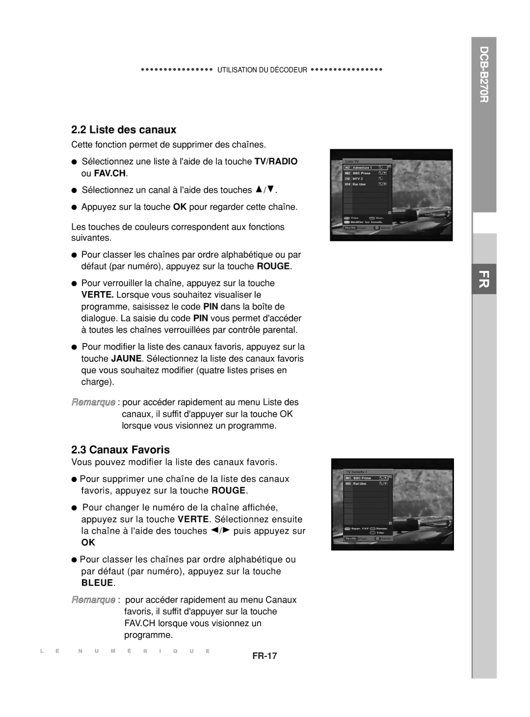 Samsung DCB-B270R manual Liste des canaux, Canaux Favoris, Bleue 