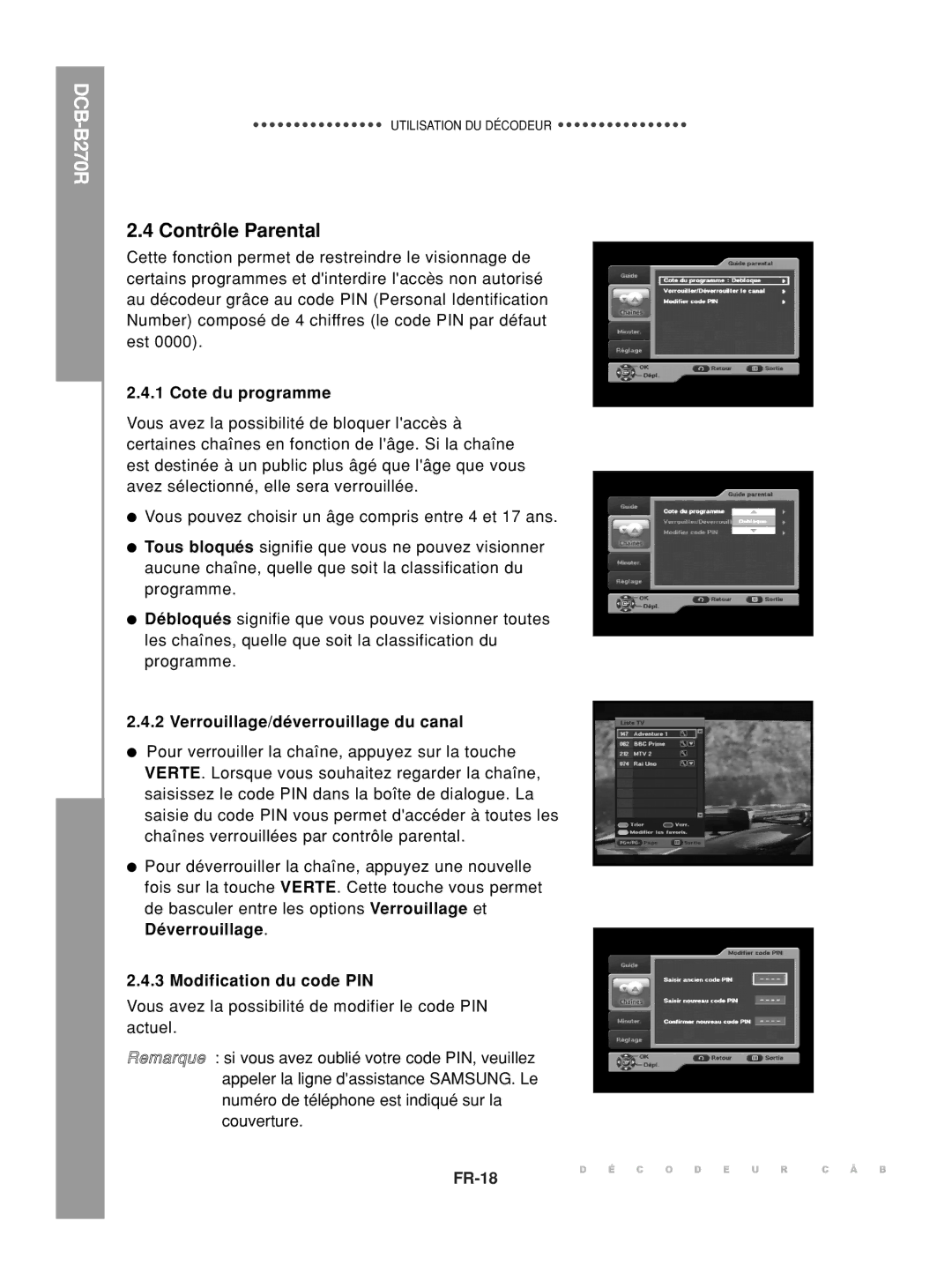 Samsung DCB-B270R Contrôle Parental, Cote du programme, Verrouillage/déverrouillage du canal, Modification du code PIN 