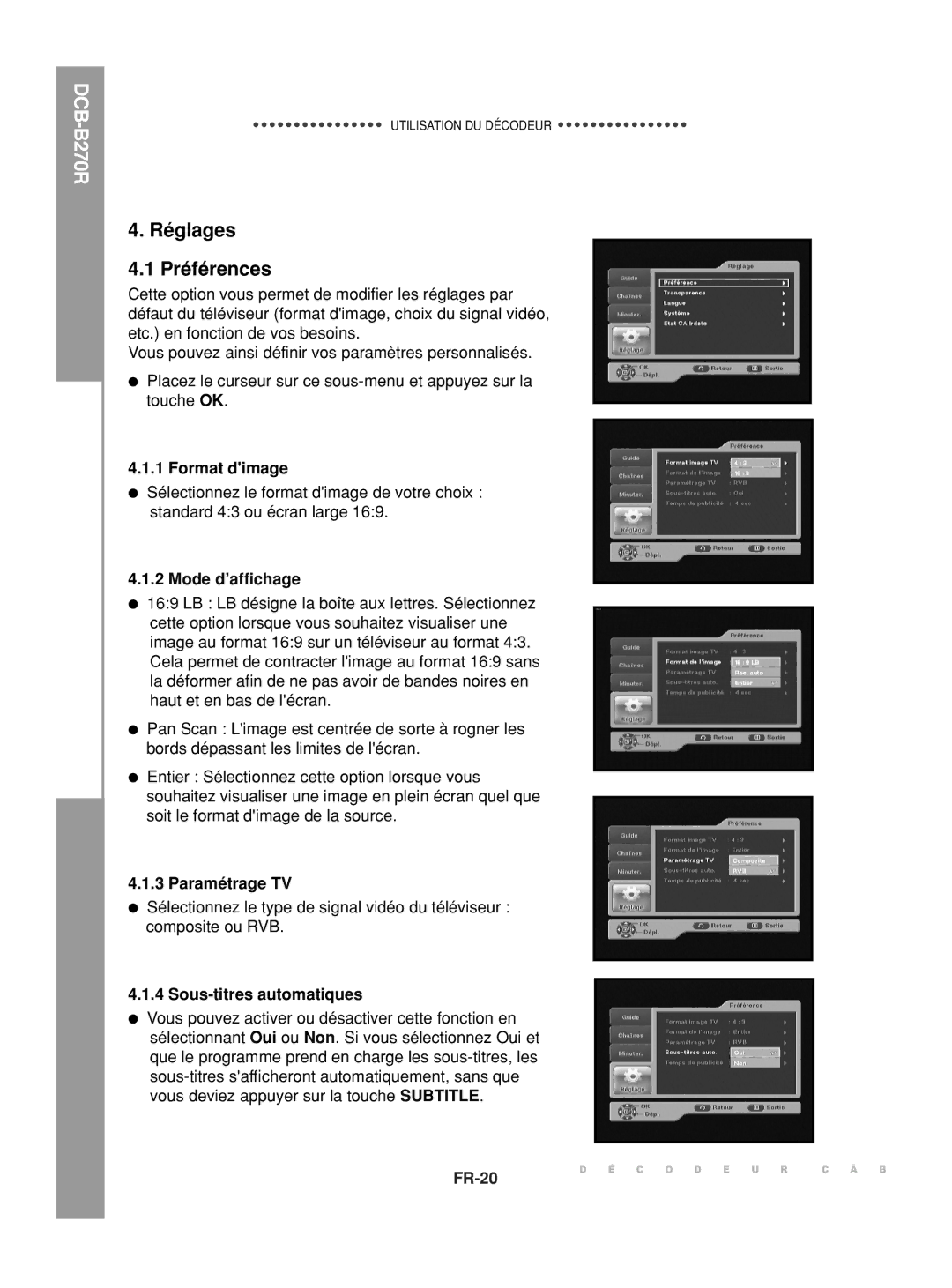 Samsung DCB-B270R manual Réglages Préférences, Format dimage, Mode d’affichage, Paramétrage TV, Sous-titres automatiques 