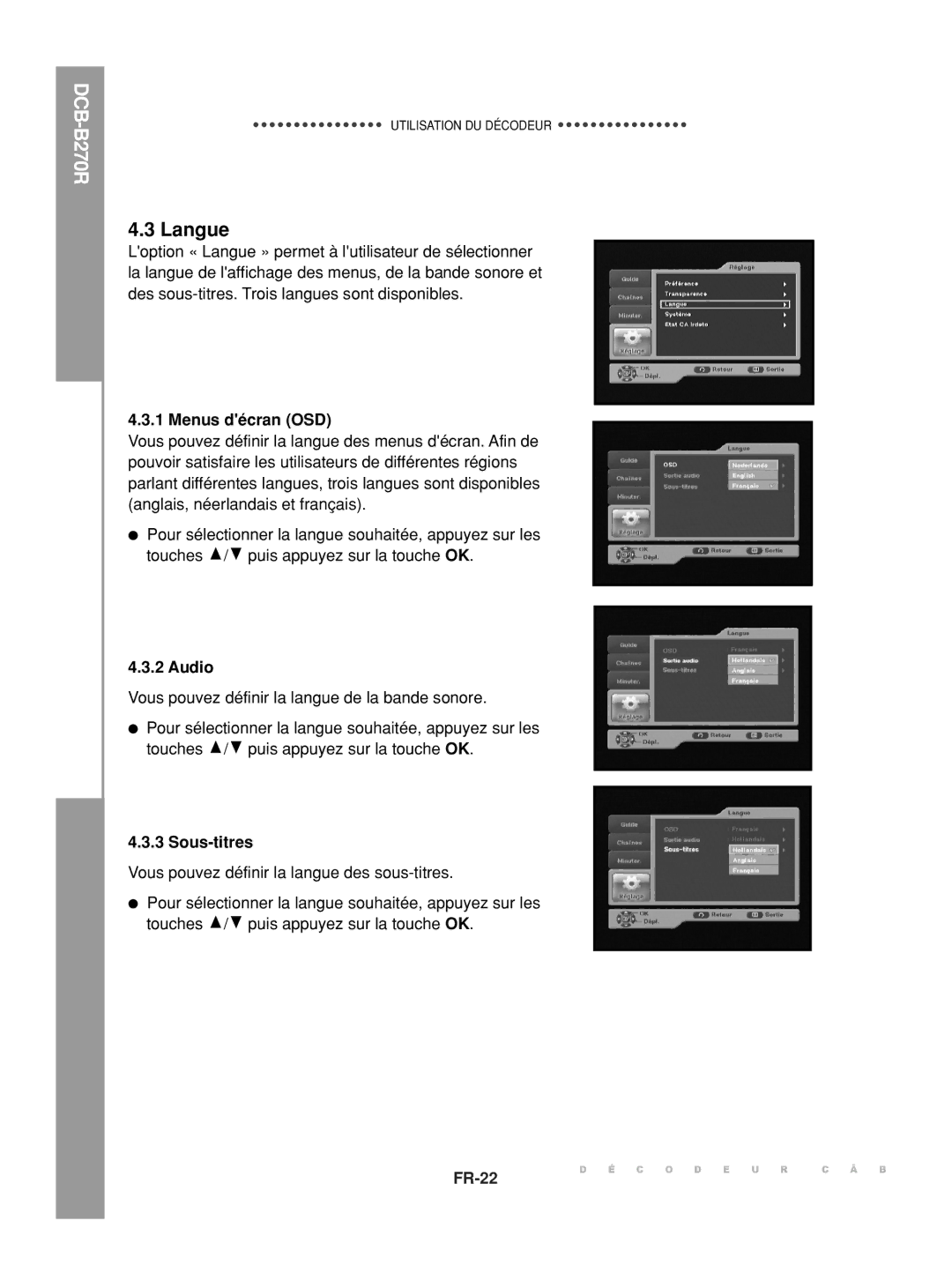 Samsung DCB-B270R manual Langue, Menus décran OSD, Audio, Sous-titres 